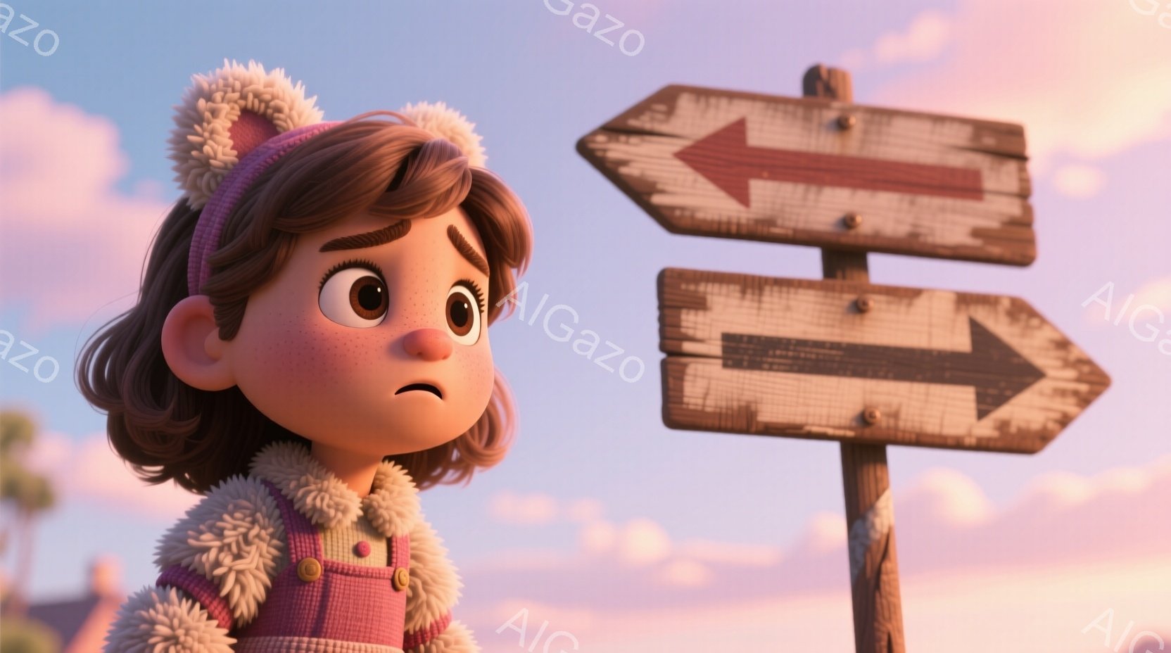 少女は、毛皮の縁取りのあるピンク色のジャケットと、赤い帽子を着用しており、巻き毛の茶色の髪が肩にかかっています。彼女は少し心配そうな表情で、木製の案内板を見上げており、どちらの道に進むべきか迷っているようです。背景には、夕焼け空の下、ぼやけた建物と自然が見え、全体的に温かく、少し不安な雰囲気です。