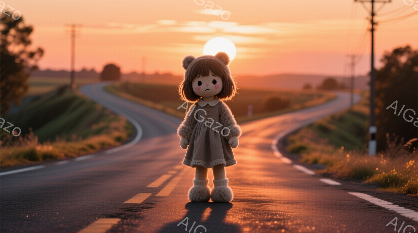 薄茶色のワンピースを着た少女が、アスファルトの道の中央に立っている。ふわふわの白いブーツと、頭にかわいい熊の耳のついた帽子をかぶっており、表情は少し寂しげだ。背景には、夕焼けに照らされた曲がりくねった道と緑の丘が広がり、温かく、少し物憂げな雰囲気を醸し出している。