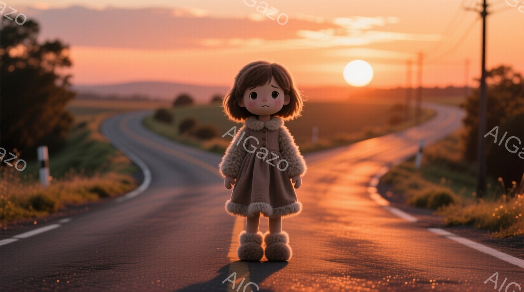 茶色のワンピースと毛皮のような襟と袖を持つ少女が、アスファルトの道路の真ん中に立っている様子が描かれています。彼女は金色のカールした髪を持ち、少し悲しげな表情で前方を見つめており、足元にはふわふわのブーツを履いています。背景には、夕焼けに照らされた曲がりくねった道路が広がり、遠くには緑の丘が見え、全体的にノスタルジックで物憂げな雰囲気を醸し出しています。