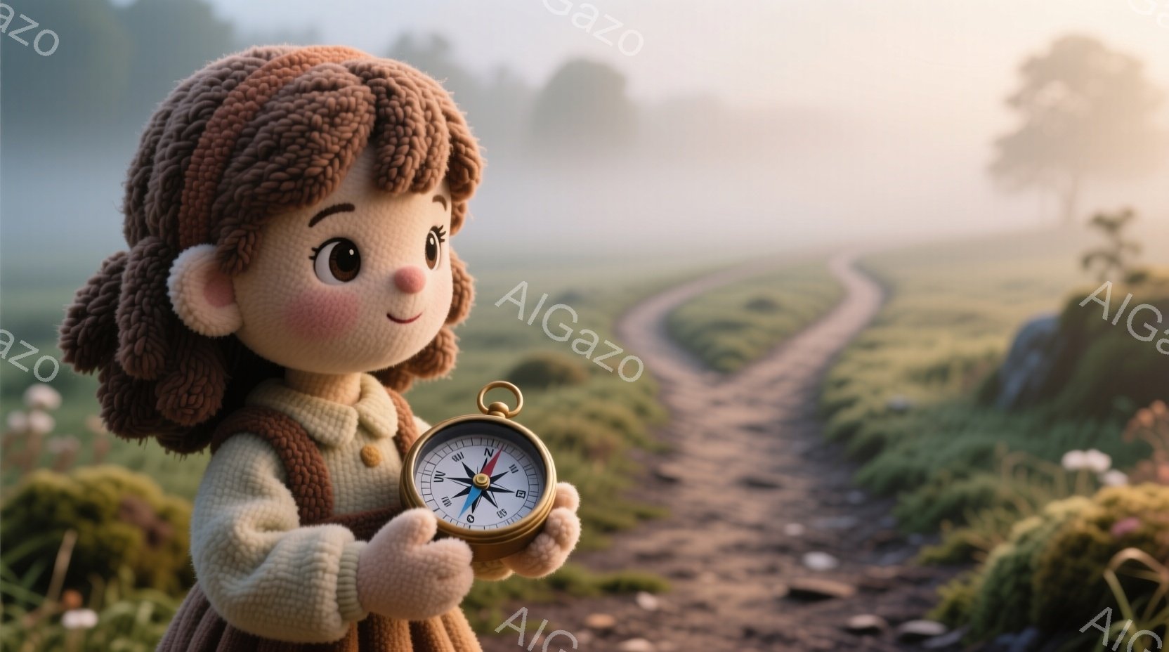 ふわふわの茶髪の巻き毛を持つ少女が、ベージュ色のセーターと赤いスカートを着ています。彼女は片手に古風なコンパスを持ち、穏やかな笑顔を浮かべています。背景には、霧のかかった田園風景が広がり、曲がりくねった道が遠くへと続いており、どこかノスタルジックで温かい雰囲気が漂っています。