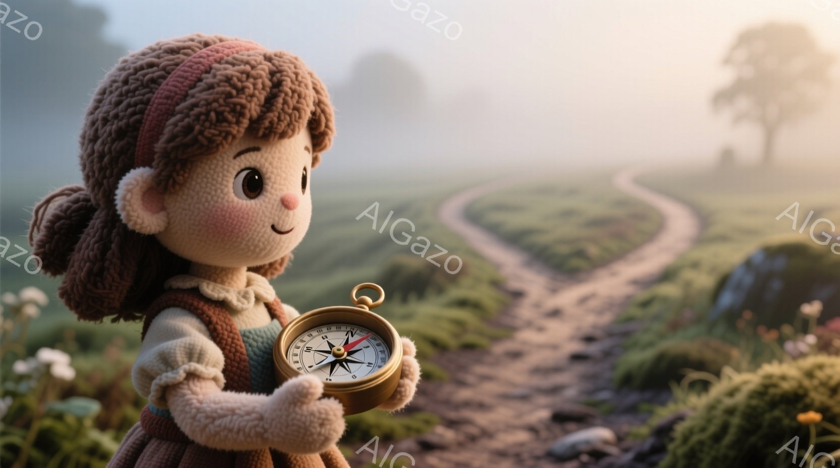 あざやかな赤褐色の髪を三つ編みにした少女が、セーターとスカート姿でコンパスを手にしている。少女はわずかに微笑み、前方の曲がりくねった小道を見つめている。背景には緑豊かな草地と霧に包まれた木々が広がり、穏やかで冒険心あふれる雰囲気が漂っている。