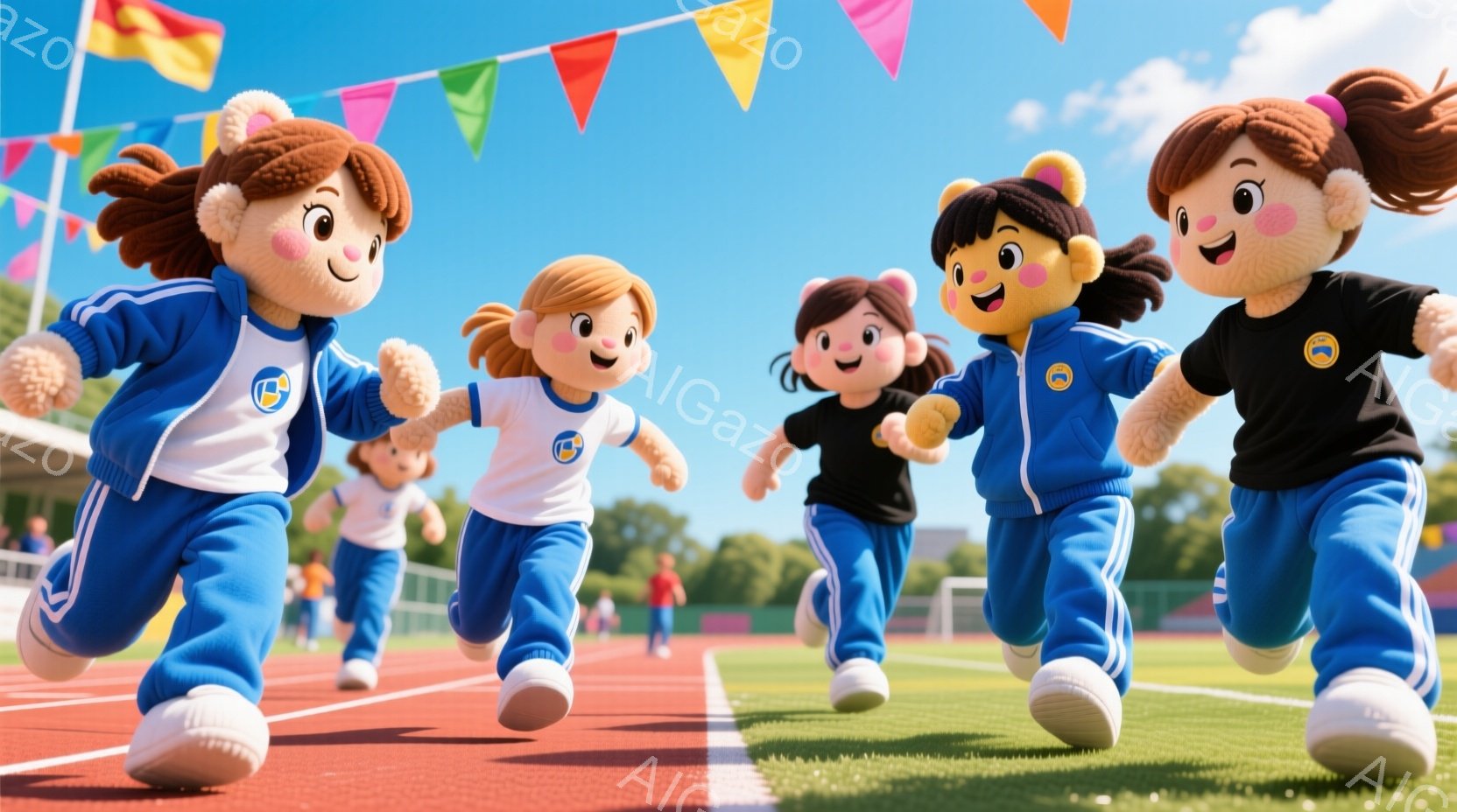 青いトラックを走る、人形のようなキャラクターたちが写っています。キャラクターたちは、青と白のスポーツウェアを着用し、それぞれに異なる髪の色とスタイルをしており、皆笑顔で走っています。背景には、観客席や緑豊かな木々が見え、晴れた青空の下、活気のある競技会の雰囲気が漂っています。