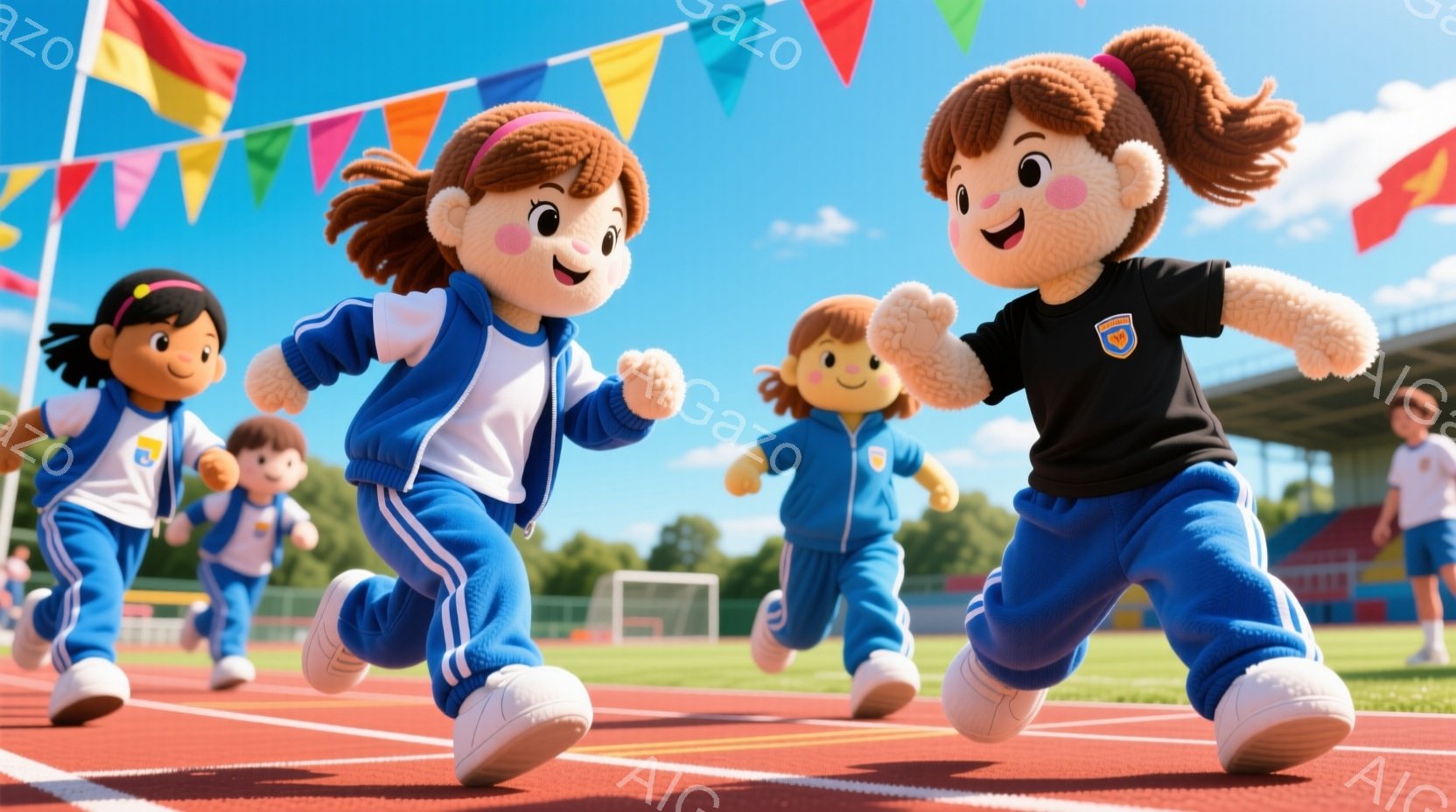 複数の少女たちが、赤いトラックを元気に走っている様子が描かれています。彼女たちは黒いTシャツに青いズボンという運動着を着ており、髪は茶色でポニーテールに結ばれています。背景には緑の芝生、観客席、そしてカラフルな旗が飾られたスタジアムがあり、晴天の下、活気あふれる雰囲気です。