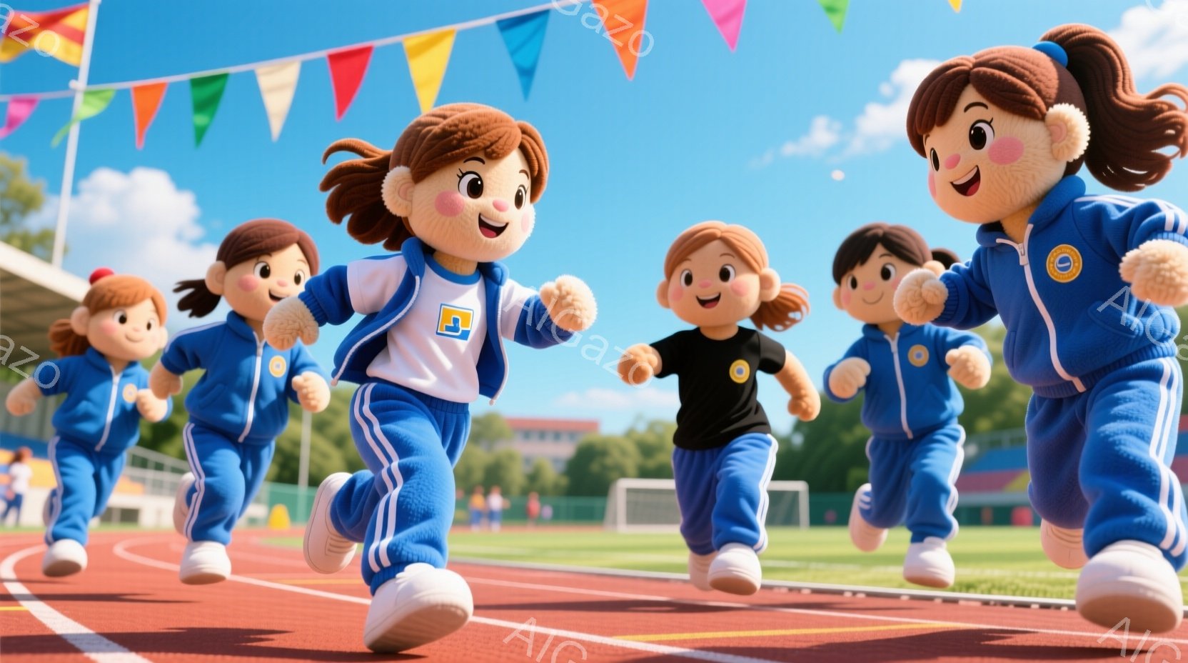 青いトラックを複数の女性キャラクターが走っている様子が描かれている。彼女たちは皆、青いスポーツウェアに白いスニーカーを履き、髪型は茶色で、顔には笑顔が見られる。背景には緑豊かな木々と青空、そして競技場の建物が見え、明るく活気のある雰囲気が漂っている。