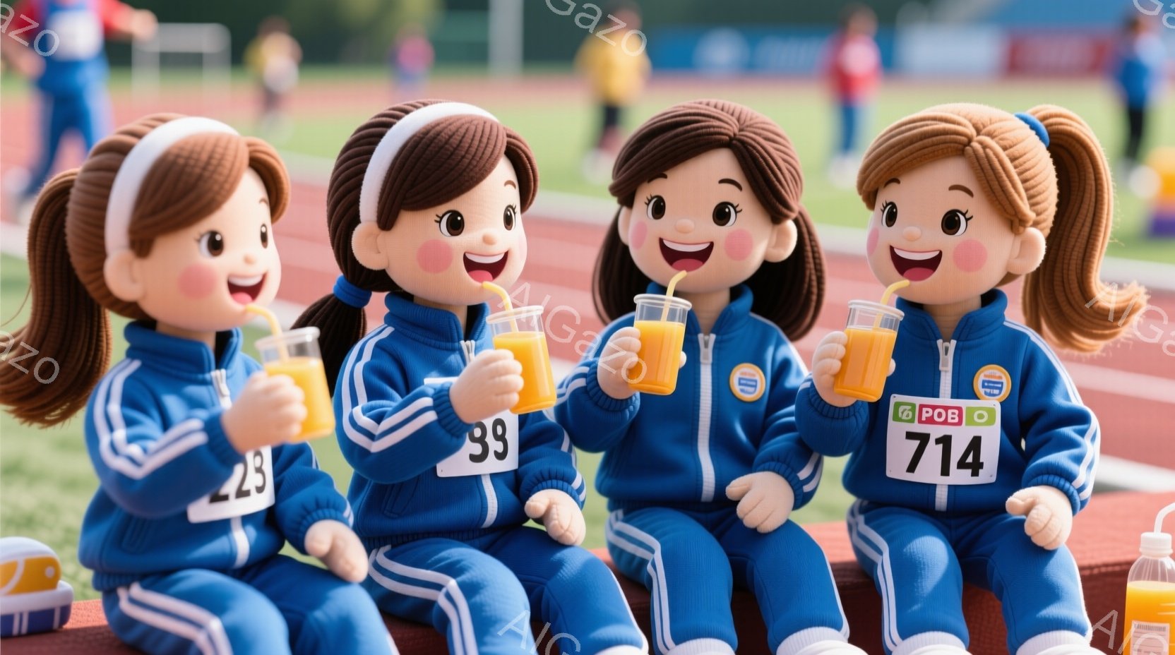鮮やかな青色のスポーツウェアを着用した、可愛らしい女の子たちが並んで座っています。彼女たちはそれぞれ異なる背番号をつけ、オレンジジュースの入ったグラスを持っています。背景には緑の芝生とトラック、そして遠くに建物が見え、晴れた日の運動会の雰囲気が漂っています。
