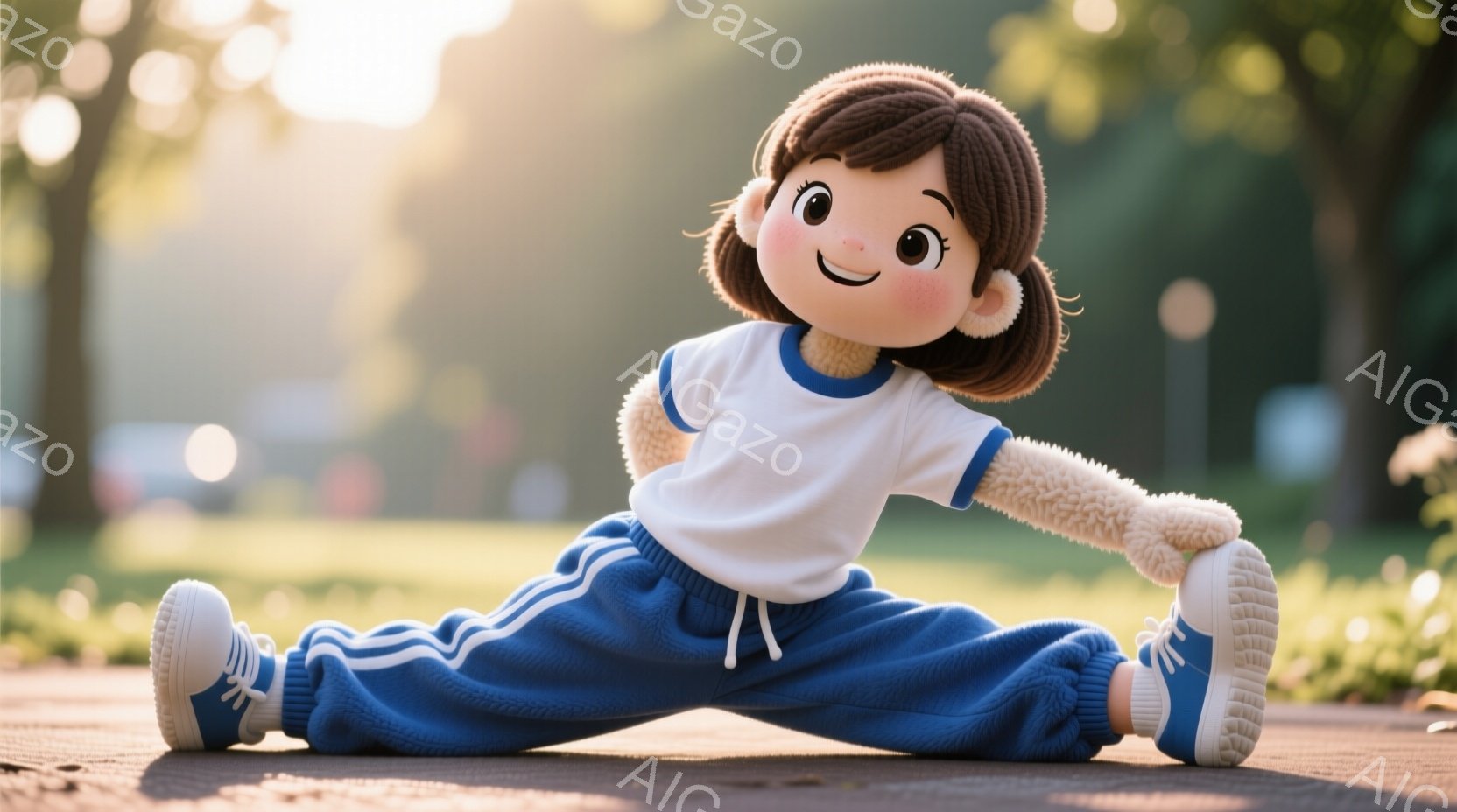 茶髪の巻き毛の少女がアスファルトの道で開脚ストレッチをしている。白い縁取りのある水色のスウェットスーツと、白いスニーカーを着用し、顔は明るい笑顔で、健康的な印象を与える。背景には緑豊かな木々とぼやけた建物が見え、晴れた日の穏やかな午後のような雰囲気が漂う。