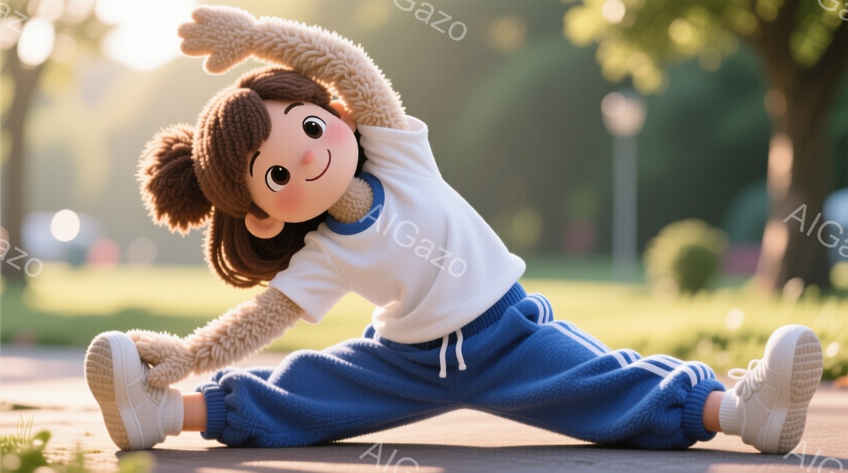 金色の巻き毛の少女がアスファルトの道の上でストレッチをしている。白いセーターと青いスウェットパンツ、白いスニーカーを身につけており、顔は笑顔で、健康的で活発な印象を与える。背景には緑豊かな木々や芝生が見え、晴れた日の穏やかな屋外の雰囲気が漂っている。