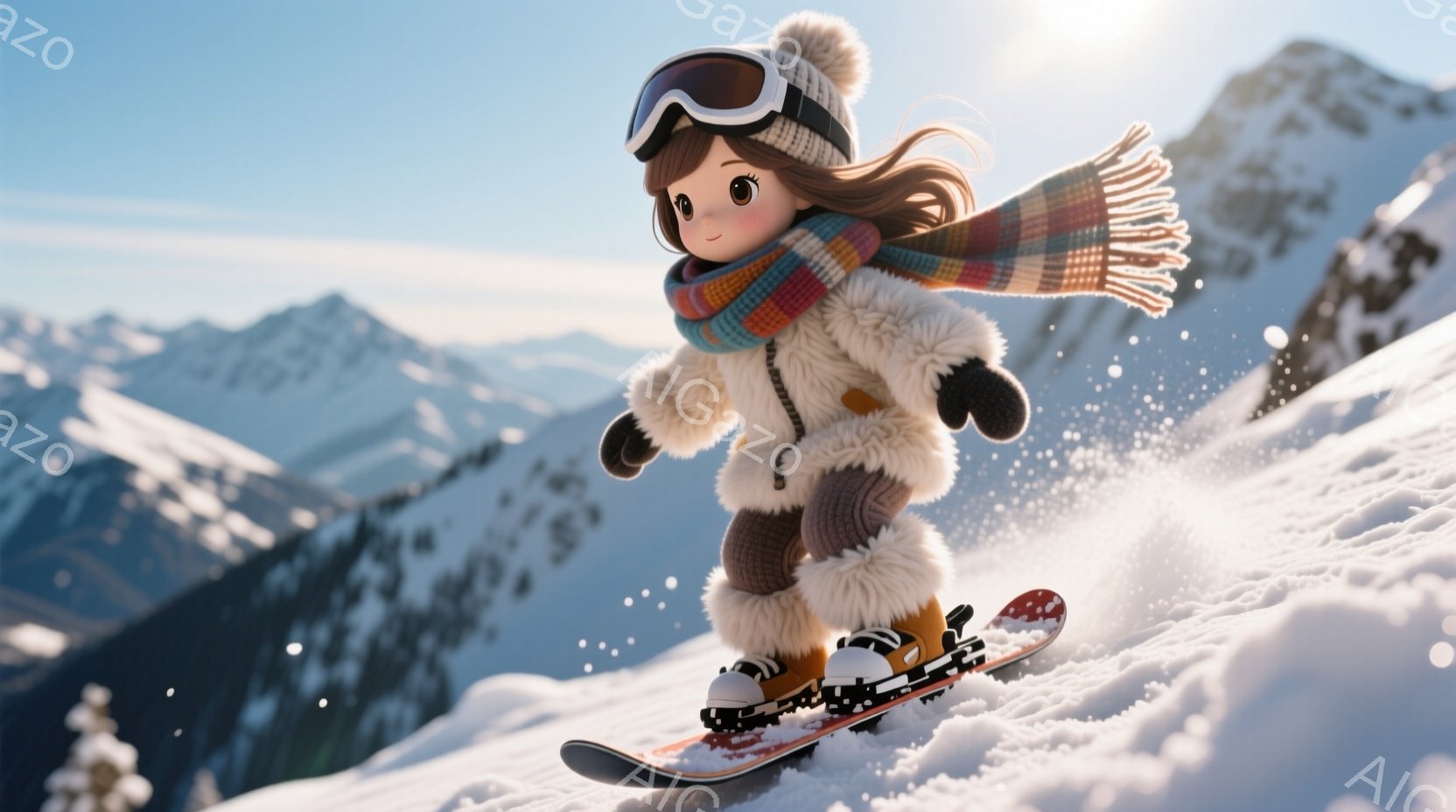スノーボードに乗った少女が写っています。彼女は白いふわふわのコート、カラフルなストライプのマフラー、ニット帽をかぶり、ゴーグルをかけています。背景には雪山が広がり、青空の下で雪が舞う冬の景色が広がっています。