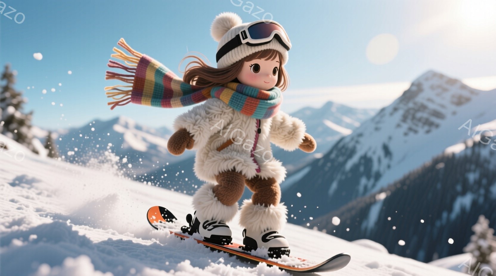 少女は白いスキーウェアに毛皮の縁取りが施されたフード付きのジャケットと、オレンジ色の裏地が施されたカラフルなストライプのマフラーを身に着けて、スキー板に乗って滑走しています。茶色の髪は肩まで伸びており、スキーゴーグルをかけて、活気に満ちた表情で楽しんでいる様子が伺えます。背景には雪をまとった山々と青空が広がり、雪が舞い散る冬のスキー場という、爽やかで活気のある雰囲気が漂っています。