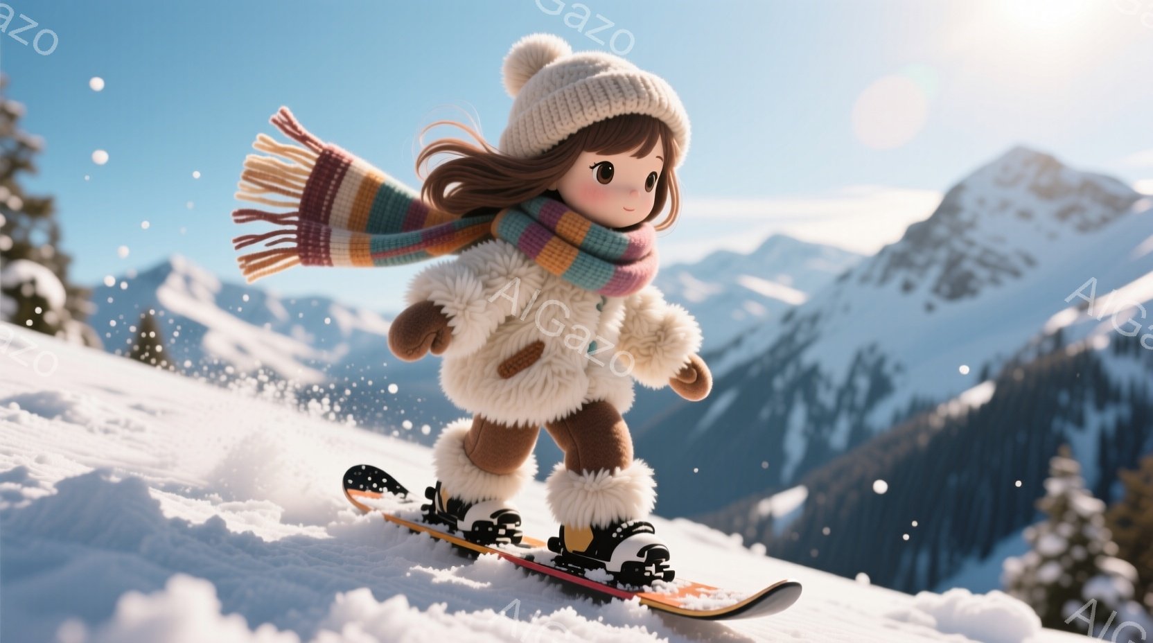 雪山をスキーで滑る少女が描かれています。彼女は白いニット帽とマフラーを巻き、ふわふわの白いスキーウェアを着ています。背景には雪を頂いた山々が広がり、晴天の下、雪が舞う冬の景色が広がっています。