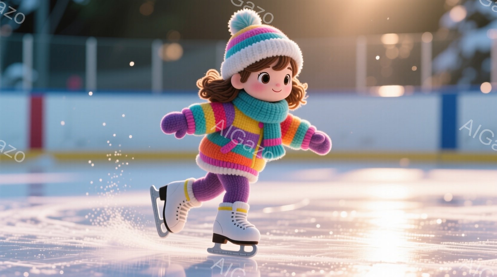 明るい色彩のニット帽とセーターを身につけた少女が、スケートリンクで楽しそうに滑っている。彼女は紫色のレギンスと白いスケート靴を履き、笑顔を見せている。背景にはぼやけたリンクの壁と、冬の空の下の自然光が差し込み、全体的に暖かく、陽気な雰囲気を醸し出している。