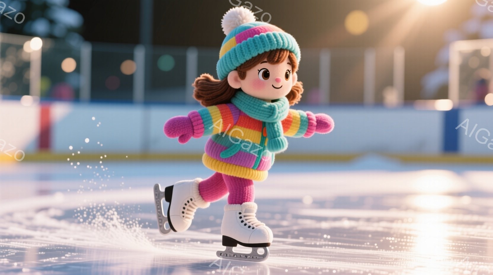 明るいピンク色のニットセーターと、虹色のストライプが入った帽子とマフラーを身につけた少女が、スケートリンクで華麗に滑っている。彼女は茶色のカールした髪をしており、前向きな表情で楽しそうに滑っている様子が伺える。背景にはぼやけた建物と自然が見え、リンク上には滑ることで生じた氷の飛沫が散らばり、活気に満ちた冬の雰囲気を醸し出している。