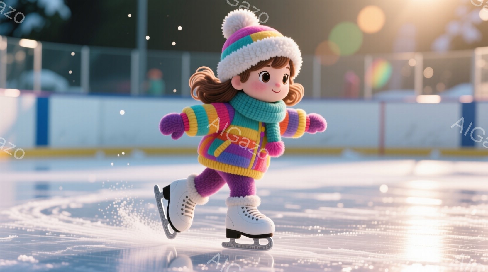 明るい色彩のニット帽とセーターを身につけた少女が、アイススケートリンクで滑っている様子が描かれています。彼女はピンク色のレギンスとアイススケートを履き、前かがみの姿勢で楽しそうに滑っています。背景には - AI生成フリー素材