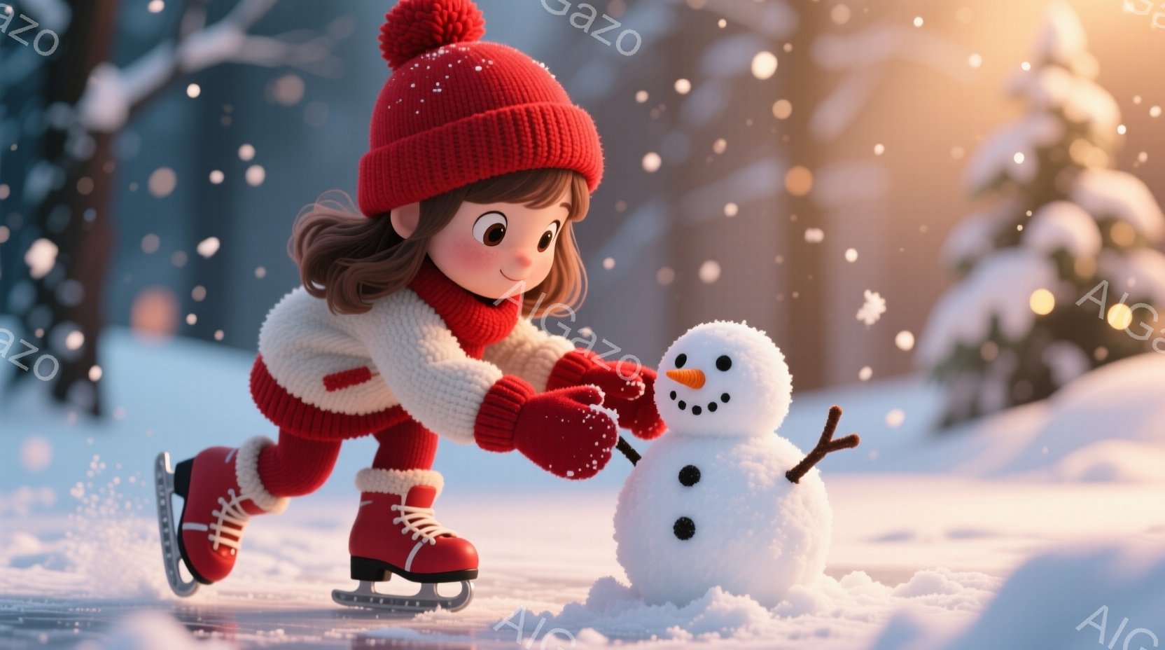 雪の上で女の子がスケートを楽しんでいる様子が描かれています。彼女は赤い帽子、セーター、ズボン、そしてスケート靴を身に着け、明るい笑顔を浮かべて雪だるみに花飾りを添えようとしています。背景には雪に覆われた木々があり、穏やかで温かい冬の雰囲気が感じられます。