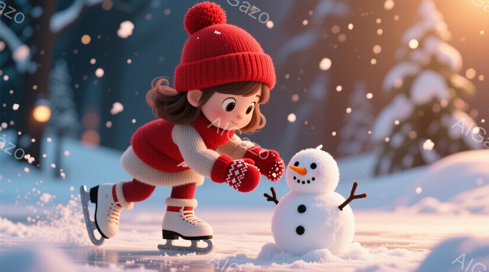 赤いニット帽とセーターを着た少女が、スケートリンクで華麗に滑っている。雪だるまが近くに立っており、少女は嬉しそうに片手を上げて挨拶をしているようだ。背景には雪に覆われた木々があり、薄暗い光が冬の暖かく穏やかな雰囲気を醸し出している。