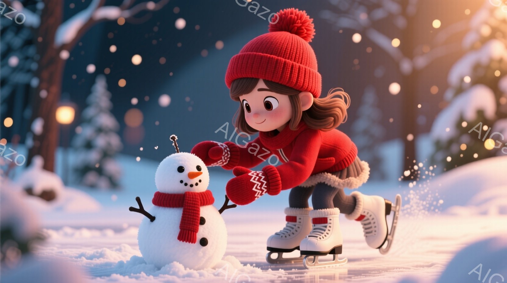 赤いニット帽とセーターを着た女の子が、雪の上でスケートを楽しんでいます。彼女は雪だるまに手を伸ばし、笑顔で触れようとしています。背景には雪の積もった木々と、ぼんやりとした暖かい光が広がり、冬の穏やかな雰囲気を醸し出しています。