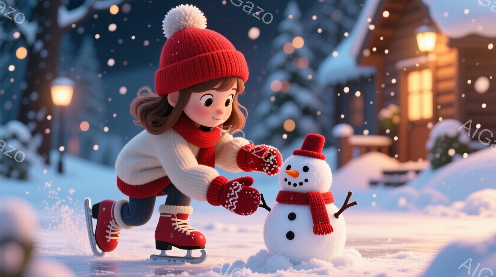 茶色の髪を少しカールさせた少女が、赤いニット帽とセーター、そして赤いスケート靴を身につけ、氷上を滑っている。彼女は笑顔で、片手を前に伸ばし、雪だるまに触れようとしている。背景には、雪に覆われた木々と、灯りのついた可愛らしい家々が見え、雪が舞い散る幻想的な冬の風景が広がっている。