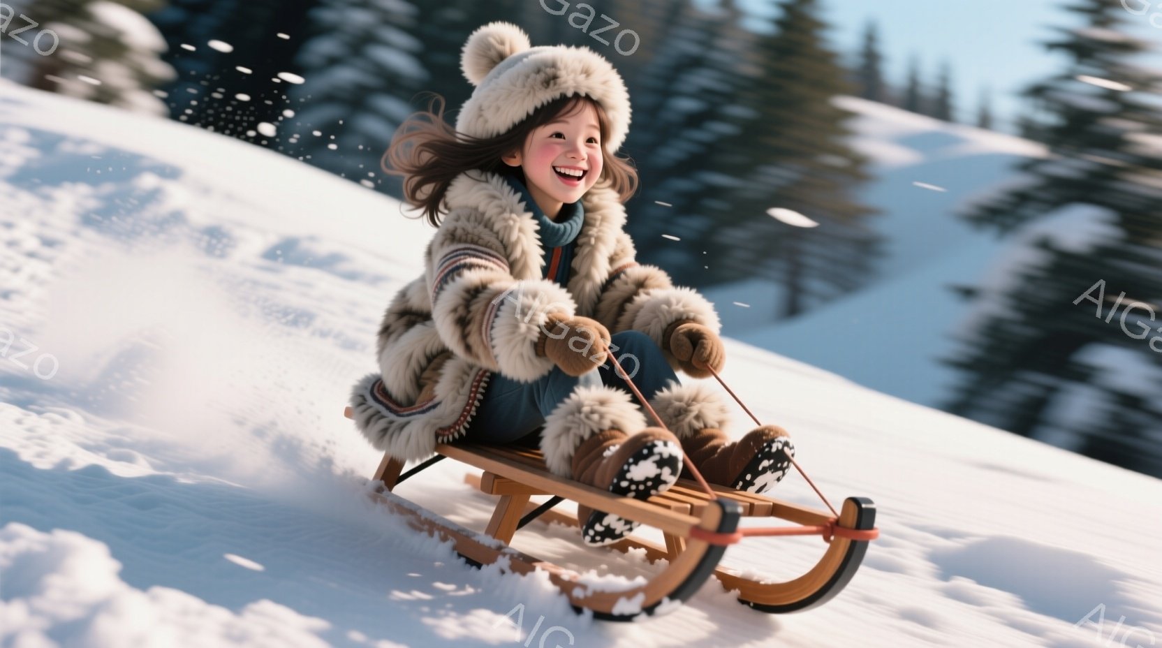 雪の上をそりに乗って楽しそうに滑っている女の子が写っています。彼女は、ふわふわの耳のついた帽子と、毛皮のような模様の暖かいジャケット、濃い青色のズボン、そしてふさふさしたブーツを着ています。背景には雪 - AI生成フリー素材