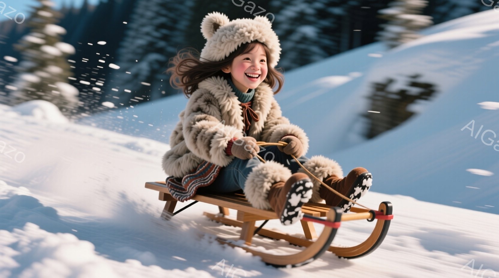 雪の上をそりに乗って滑る少女が写っています。ふわふわのクリーム色のファーコートに、赤い模様のズボンを履き、頭には同じ素材の帽子をかぶっています。少女は満面の笑みを浮かべ、雪景色の中で楽しそうに滑っています。