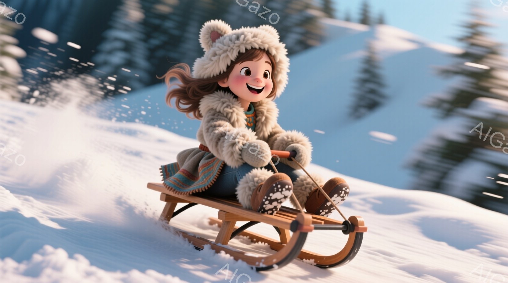 茶色の巻き毛の少女が雪橇に乗って雪の上を滑っている。彼女は耳のついた帽子、厚手のコート、ジーンズ、ブーツを身に着けており、楽しそうな笑顔を浮かべている。背景には雪に覆われた木々と青空が広がり、冬の活気ある雰囲気が感じられる。