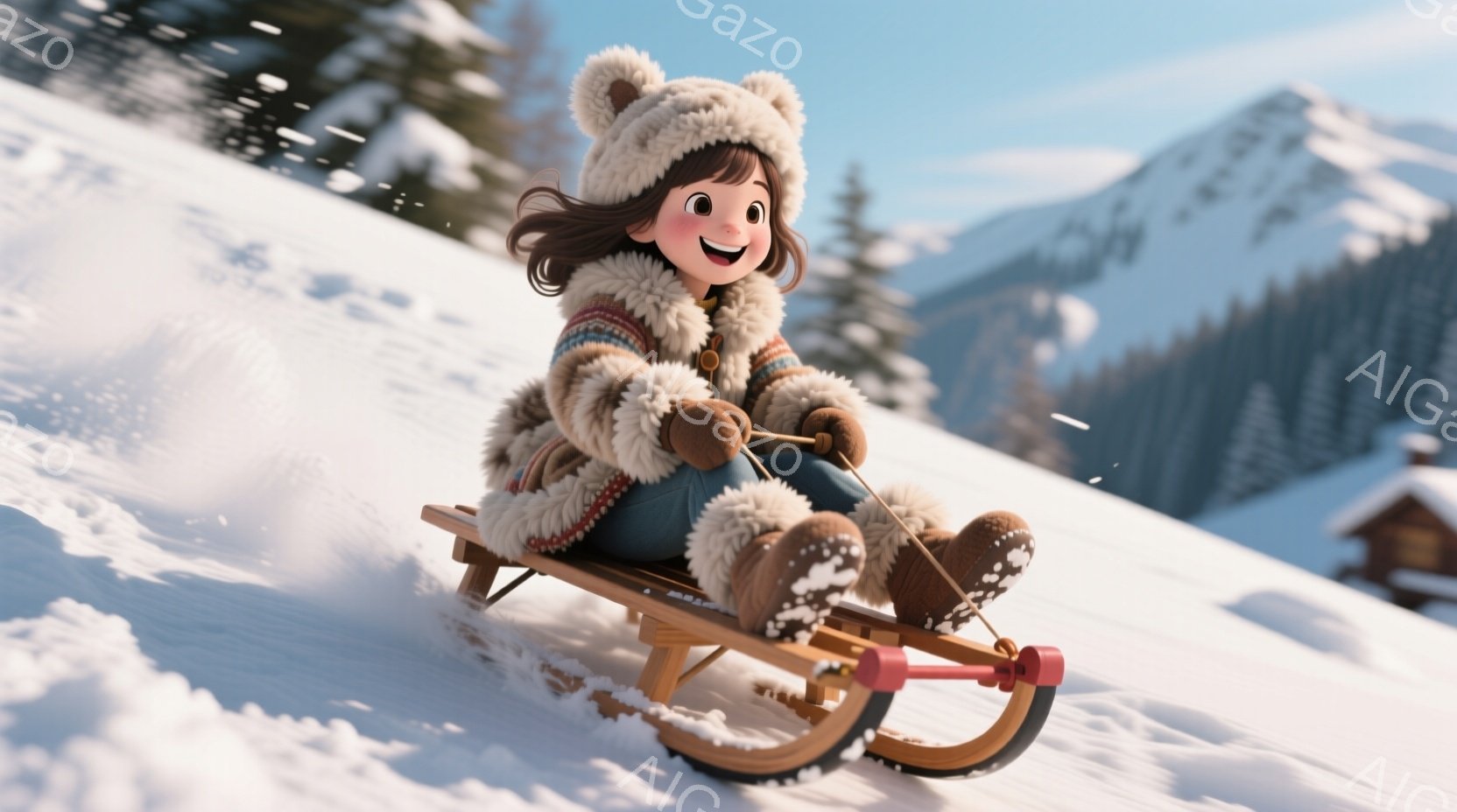雪の上をそりに乗って滑っている女の子が描かれています。彼女はふわふわのフード付きコート、暖かい手袋、ブーツを身に着け、髪はゆるいカールで顔の横に落ちています。背景には雪をまとった山々と、遠くに見える小 - AI生成フリー素材