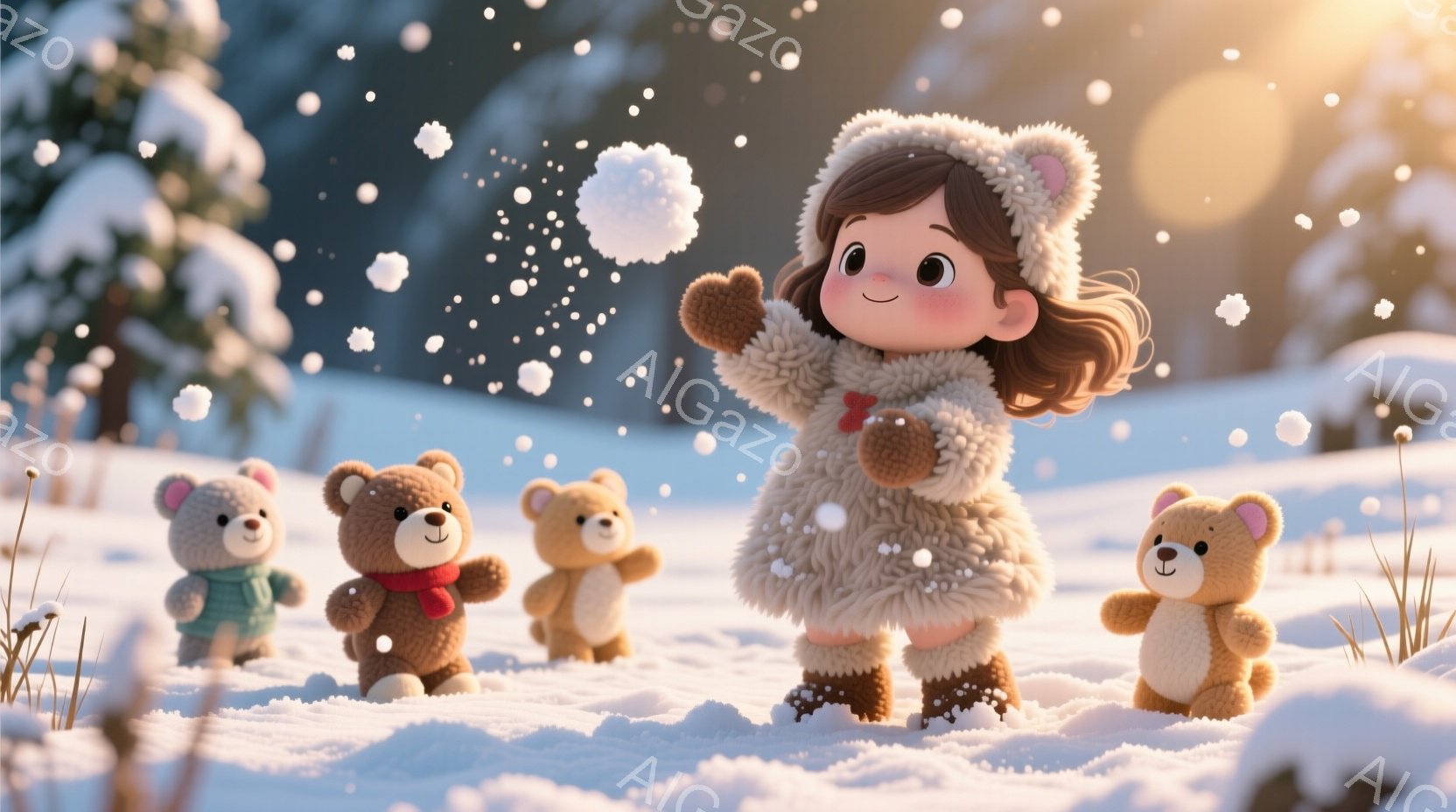 雪景色の中で、茶色の巻き髪に赤いリボンをつけた少女が、ふわふわとしたクリーム色のコートを着て、雪玉を投げようとしています。彼女の周りには、可愛らしいテディベアたちがそれぞれ異なる色の服を着て、見守るように並んでいます。背景には雪に覆われた木々と柔らかい光が広がり、暖かく幻想的な雰囲気を醸し出しています。