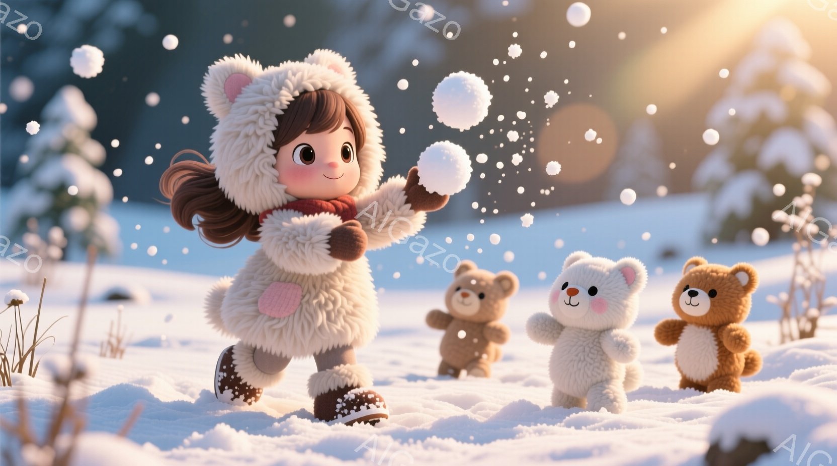 雪景色の中で、ふわふわの冬の帽子とコートを着た少女が楽しそうに雪玉を投げようとしています。彼女は茶色のカールした髪を持ち、明るい笑顔を浮かべています。背景には、雪に覆われた草の茂みと遠くの木々が見え、 - AI生成フリー素材