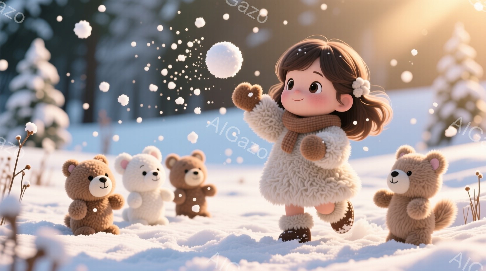 雪景色の中で、茶髪の巻き髪の女の子が雪玉を投げようとしています。オフホワイトのニットのワンピースに、茶色のマフラーとブーツを履いており、顔には楽しそうな笑顔が見られます。周囲には可愛らしいテディベアが - AI生成フリー素材