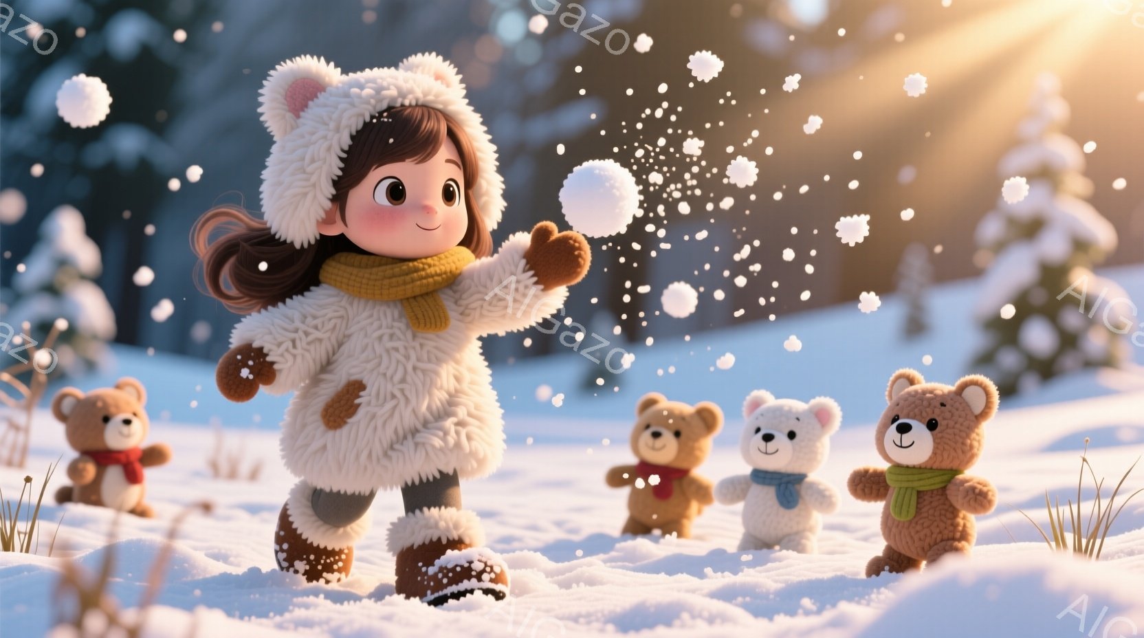 雪景色の中で、茶色の髪を三つ編みにして、白いふわふわの帽子とコートを着た少女が雪玉を投げようとしています。彼女は厚手の靴下を履き、表情は明るく、楽しそうに雪と戯れています。背景には、雪に覆われた草や木 - AI生成フリー素材