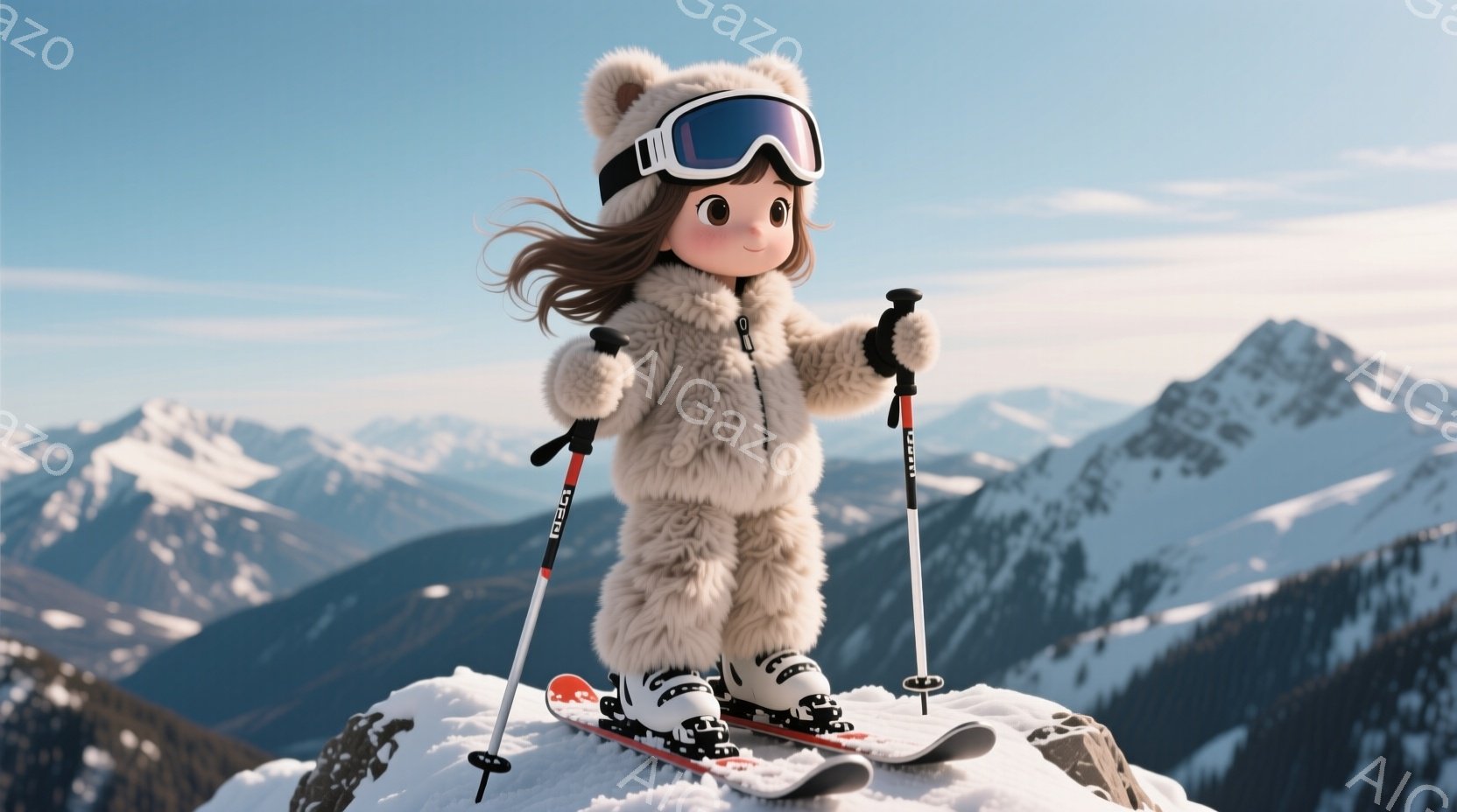 少女はふわふわのクリーム色のスキーウェアを着ており、頭にはポンポンがついた帽子をかぶっています。彼女はスキー板とポールを持って雪山の頂上に立っており、少し微笑んでいるように見えます。背景には雪をかぶった山々が広がり、晴天の空が広がっています。