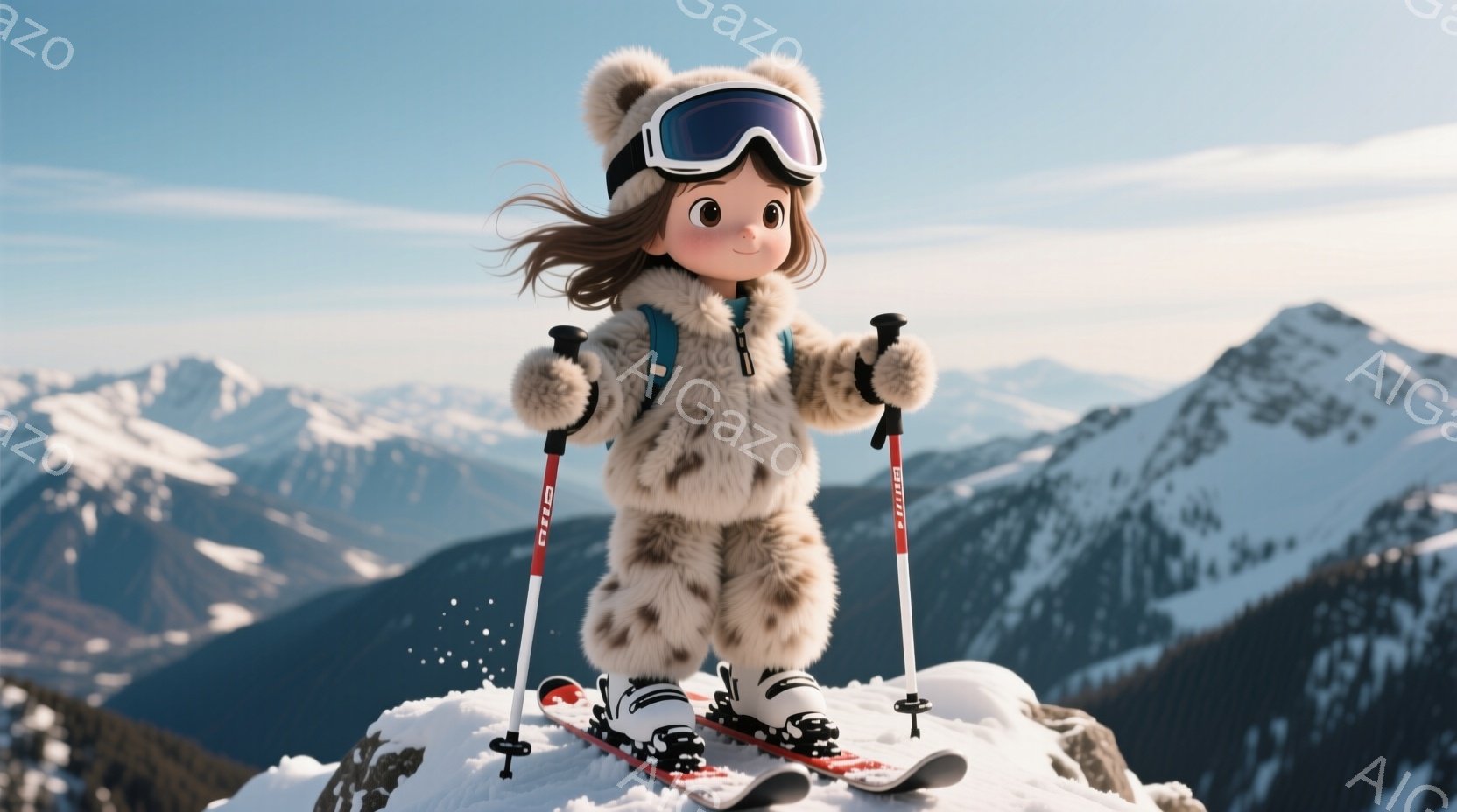 ふわふわの毛皮のコートと帽子を身につけた少女が、スキー板とストックを持って雪山の上に立っています。茶色の巻き毛が風になびき、大きなゴーグルで顔を覆っています。背景には雪をまとった山々が広がり、晴天の下、冬の澄んだ空が広がっています。