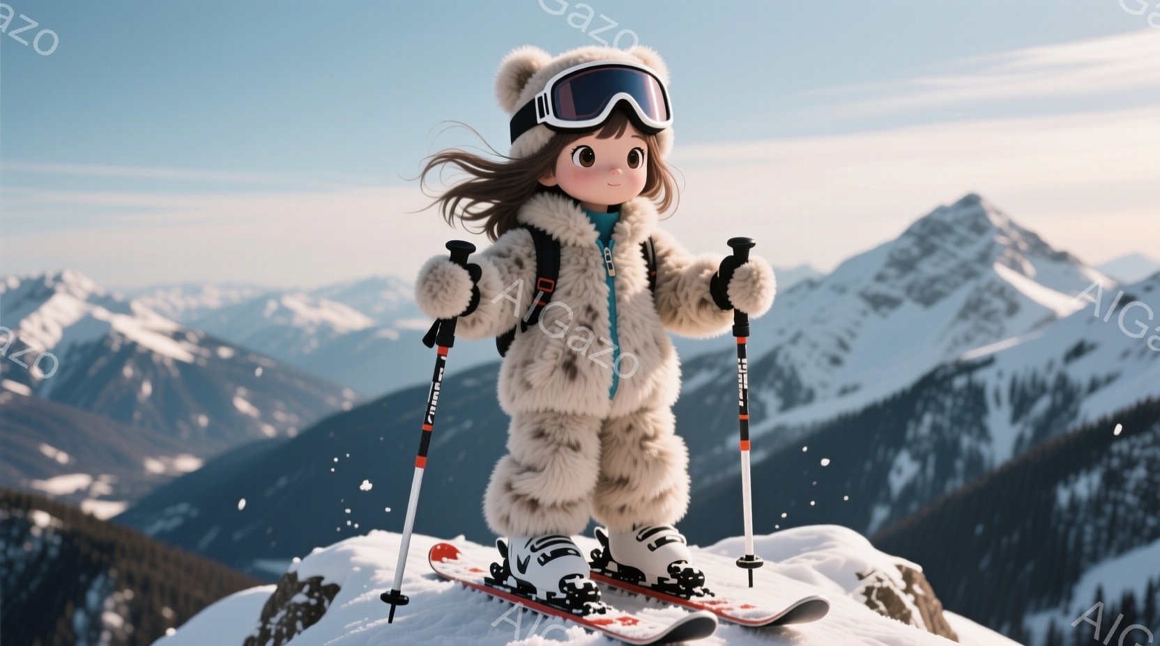 ふわふわの毛皮のスキーウェアに身を包んだ少女が、雪山の上でスキーを履いて立っています。彼女は黒髪で、大きなゴーグルをかけており、表情ははっきりとは見えませんが、活発な印象を与えます。背景には雪を頂いた山々が連なり、晴天で雪が舞う冬の景色が広がっています。