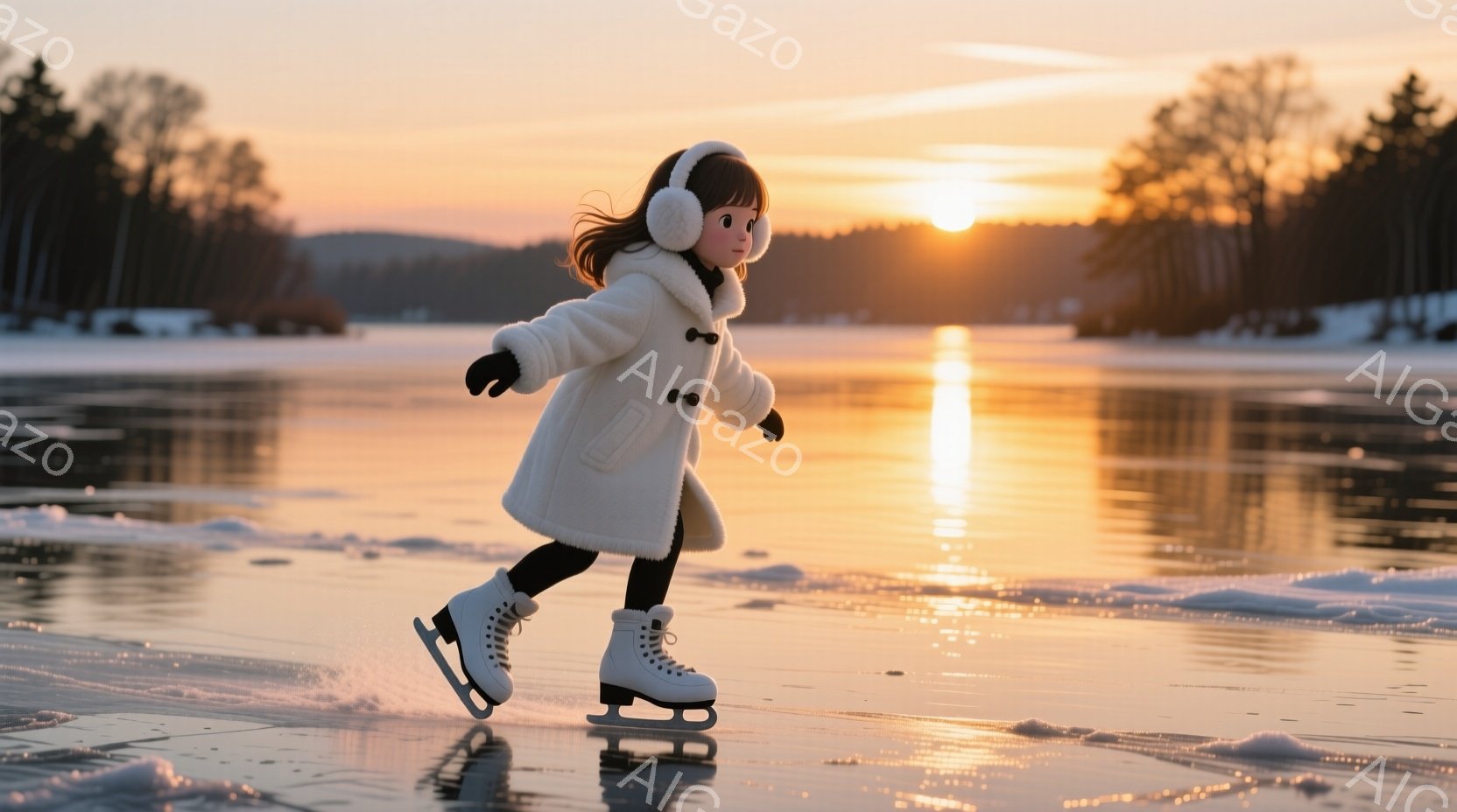 白いコートと帽子を身につけた少女が氷上を滑っている。彼女は片足を大きく前に出し、軽快な姿勢でスケートを楽しんでいるようだ。背景には、夕焼けに照らされた湖と、ぼんやりと見える木々のシルエットが広がり、穏やかで幻想的な雰囲気を醸し出している。