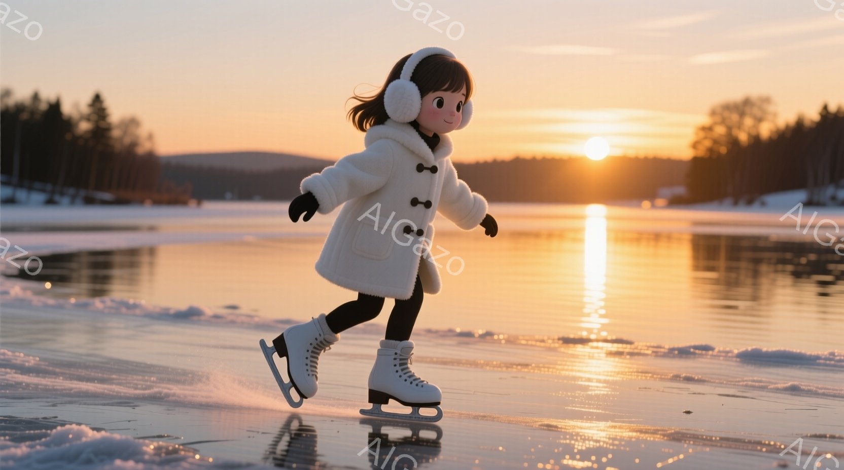 白い毛皮のようなコートを着た少女が、凍った湖の上でスケートを楽しんでいる。彼女は濃い茶色の髪を耳の後ろでまとめており、ピンク色の耳あてを付けている。背景には夕焼けに照らされた雪景色が広がり、穏やかで冬らしい雰囲気を醸し出している。