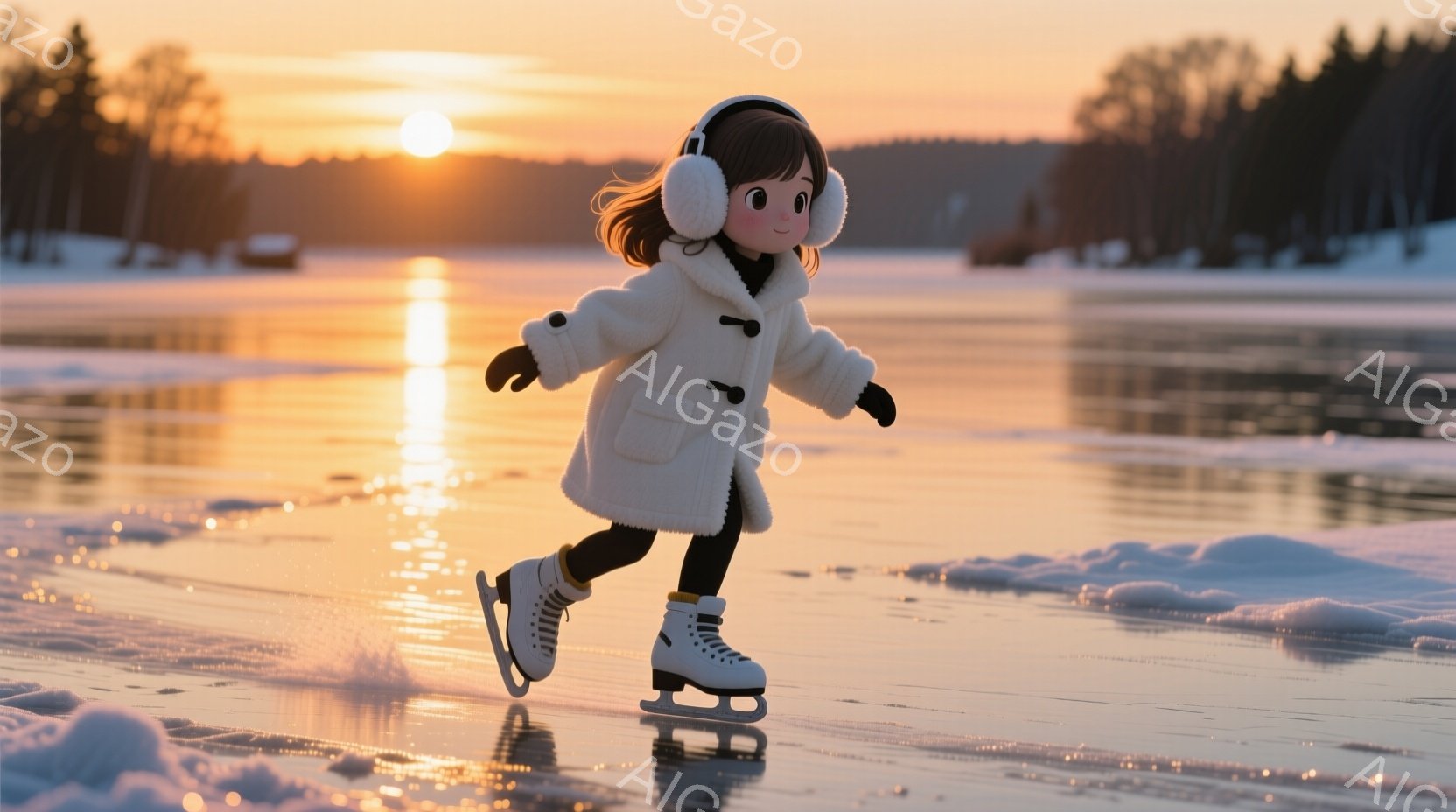 白いコートと黒い耳当てをつけた少女が、凍った湖の上でスケートを楽しんでいる。彼女は、笑顔で片足を大きく引きずり、活発に滑走している様子が伺える。背景には夕焼け空と木々が広がり、静かで穏やかな冬の雰囲気を醸し出している。
