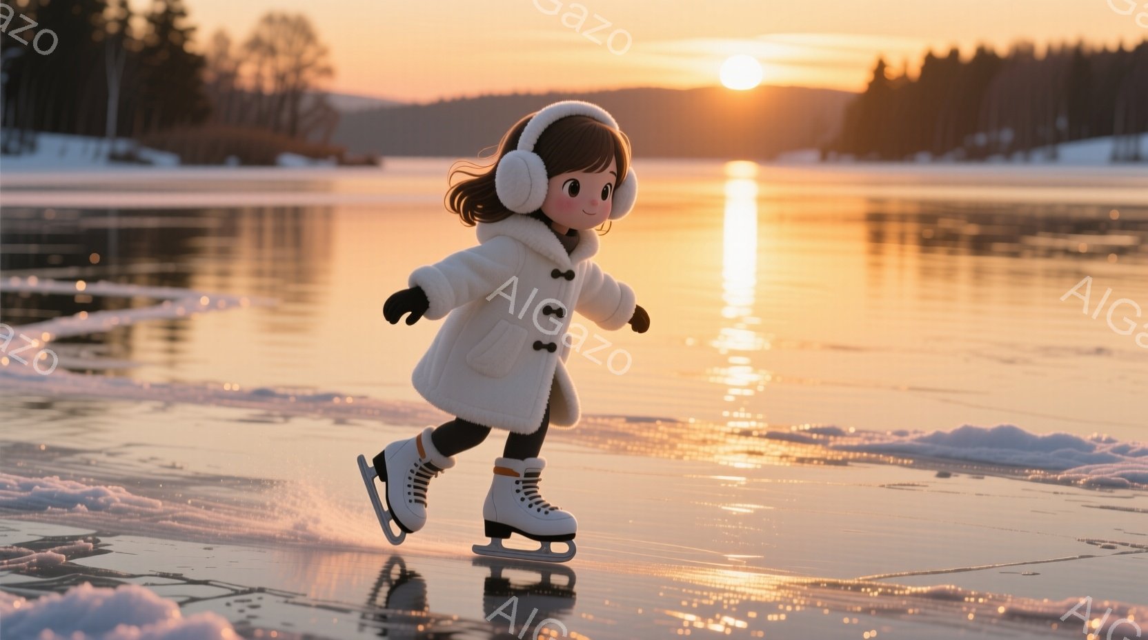 白いコートと帽子を身につけた少女が、凍った湖の上でスケートを楽しんでいます。彼女は両手を前に出し、少し前かがみの姿勢で滑っており、その表情ははっきりと見えませんが、楽しそうにスケートをしていることがわ - AI生成フリー素材