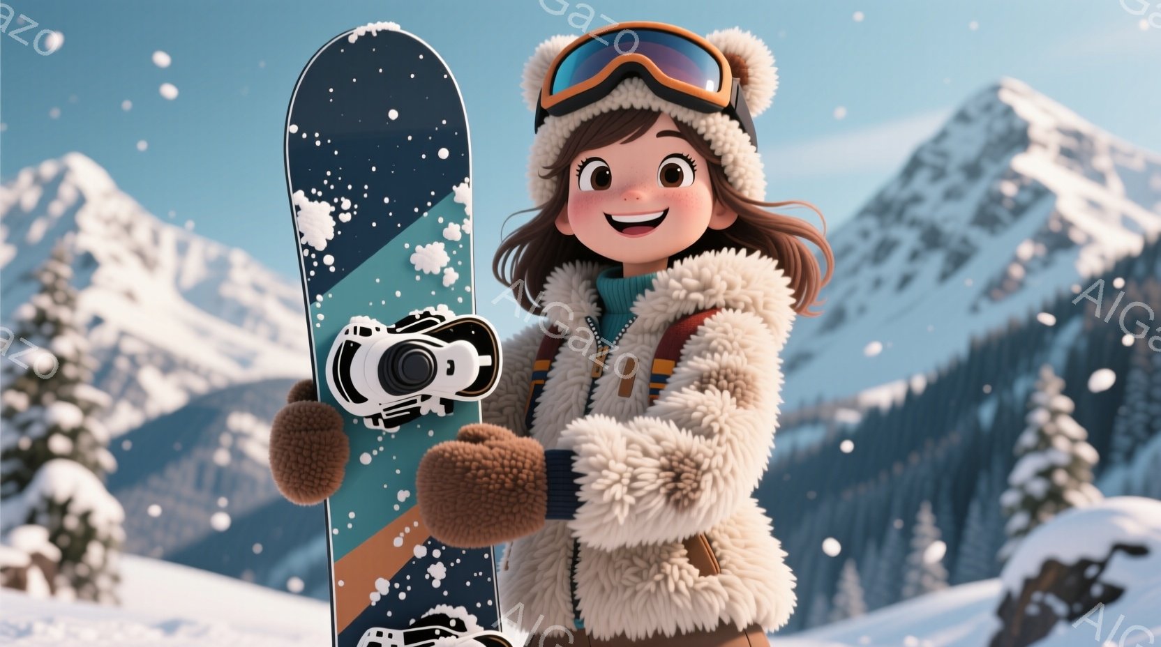 明るい笑顔を浮かべた若い女性が、雪山を背景にスノーボードを抱えています。ふんわりとした茶色の巻き毛に、頭にはスキーゴーグル、厚手のクリーム色のボアジャケット、茶色の手袋を身に着けており、冬の暖かさを感じさせます。背景には雪に覆われた山々が広がり、雪が舞う冬の景色が描かれています。