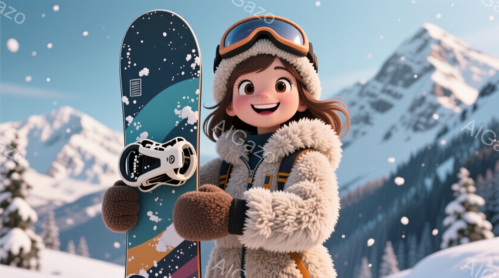 明るい笑顔の若い女性が、雪山を背景にスノーボードとビンディングを持っている。彼女はふわふわの白いジャケット、黒のレギンス、そして頭にはニット帽とゴーグルを着用しており、髪はゆるくウェーブがかかっている - AI生成フリー素材