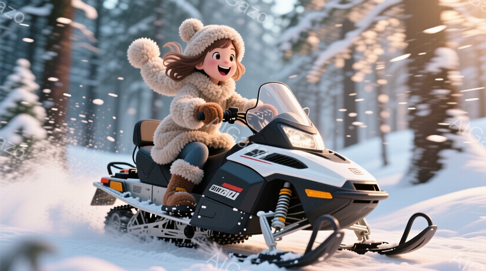 雪原をスノーモービルで走る女性が描かれています。彼女は茶色のカールした髪をしており、ふわふわの白いコートと帽子を身につけ、満面の笑みを浮かべています。背景には雪に覆われた木々が立ち並び、雪が舞う冬の風景が広がっています。