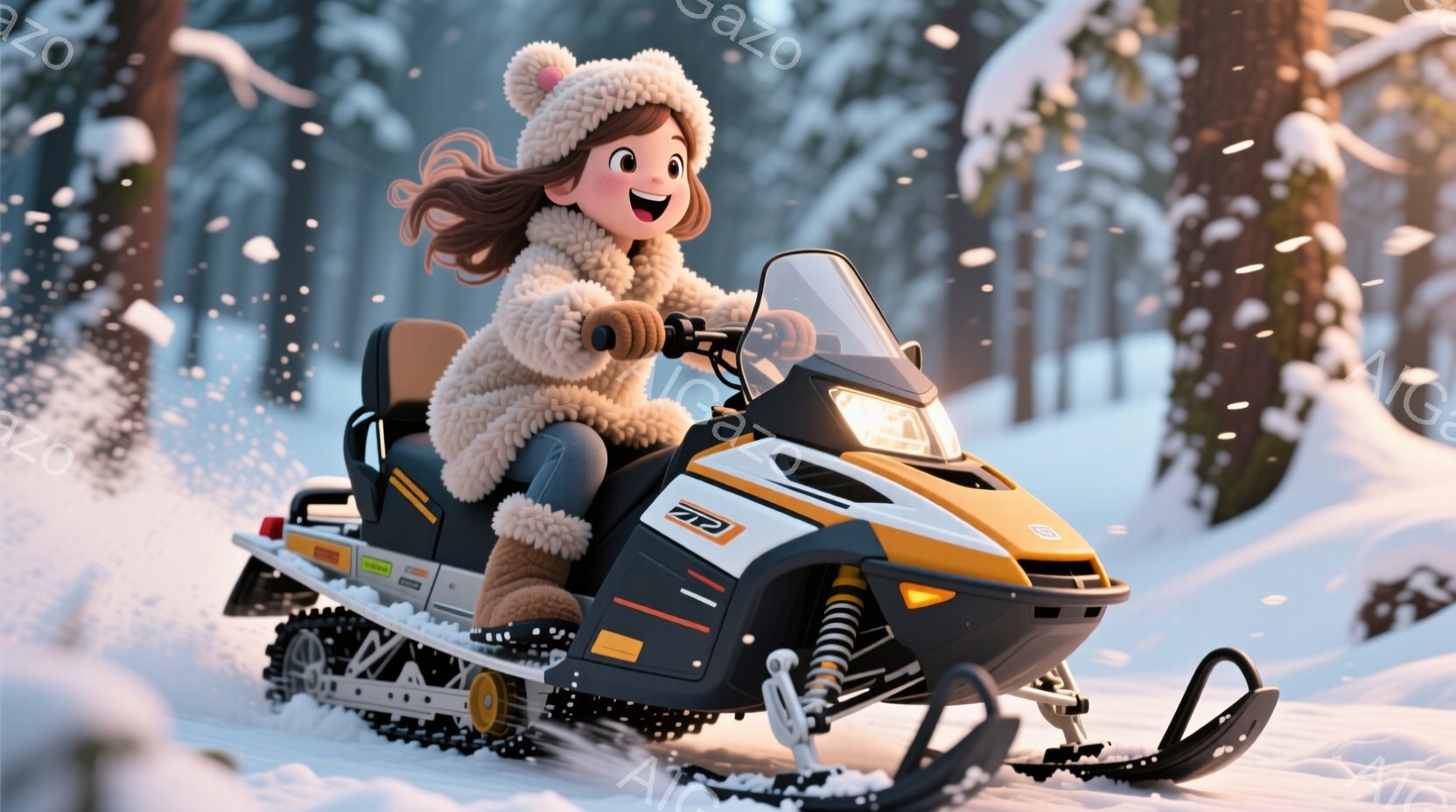 雪景色の中で、若い女性がスノーモービルを運転しています。彼女は毛皮の帽子と耳当て、ふわふわの白いコート、そしてジーンズ姿で、満面の笑みを浮かべています。背景には雪に覆われた木々と、舞い散る雪が描かれ、冬の活気あふれる雰囲気が伝わってきます。