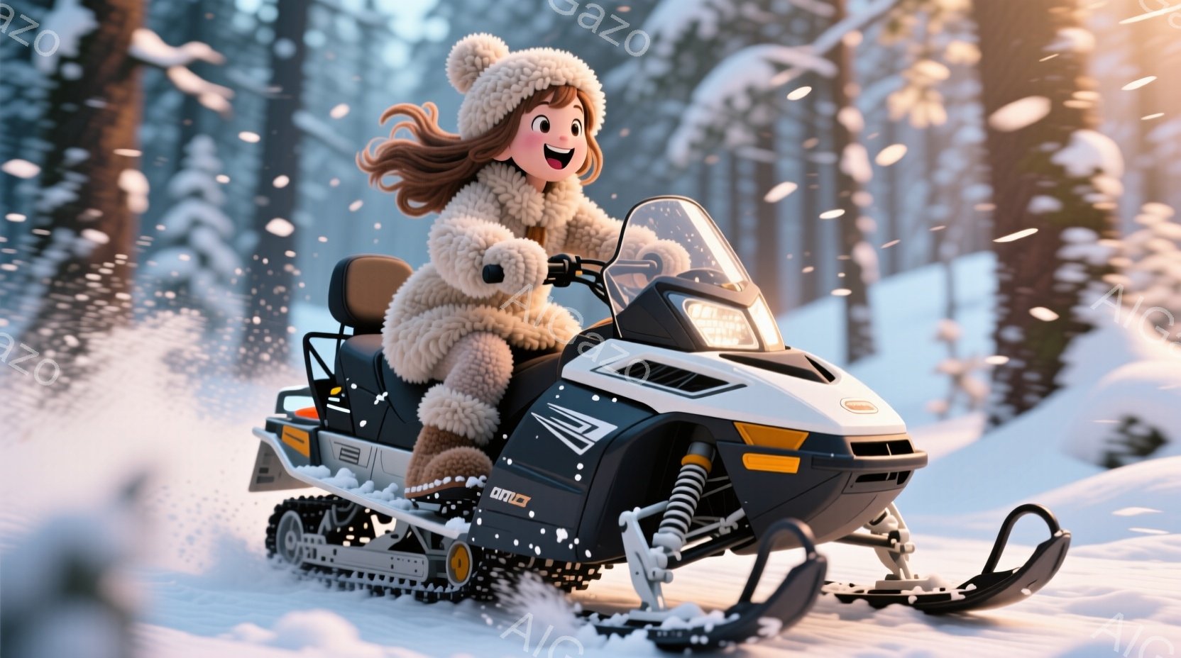 茶髪を三つ編みにした女性が、白いスノーモービルに乗って雪の中を走っている。彼女は厚手の白いコートと帽子を身につけ、顔には楽しそうな笑顔が見て取れる。背景には雪に覆われた森林が広がり、雪が舞い散る冬の情景が描かれている。