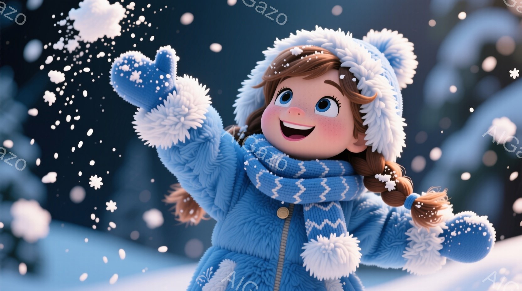 明るい青色の防寒着を着た幼い少女が、雪の中で両手を広げて喜んでいます。彼女はポンポンがついた帽子とマフラーを身につけ、茶色の髪は二つに結ばれています。背景には雪景色が広がり、遠くには木々が見え、全体的に暖かく、楽しげな雰囲気が漂っています。