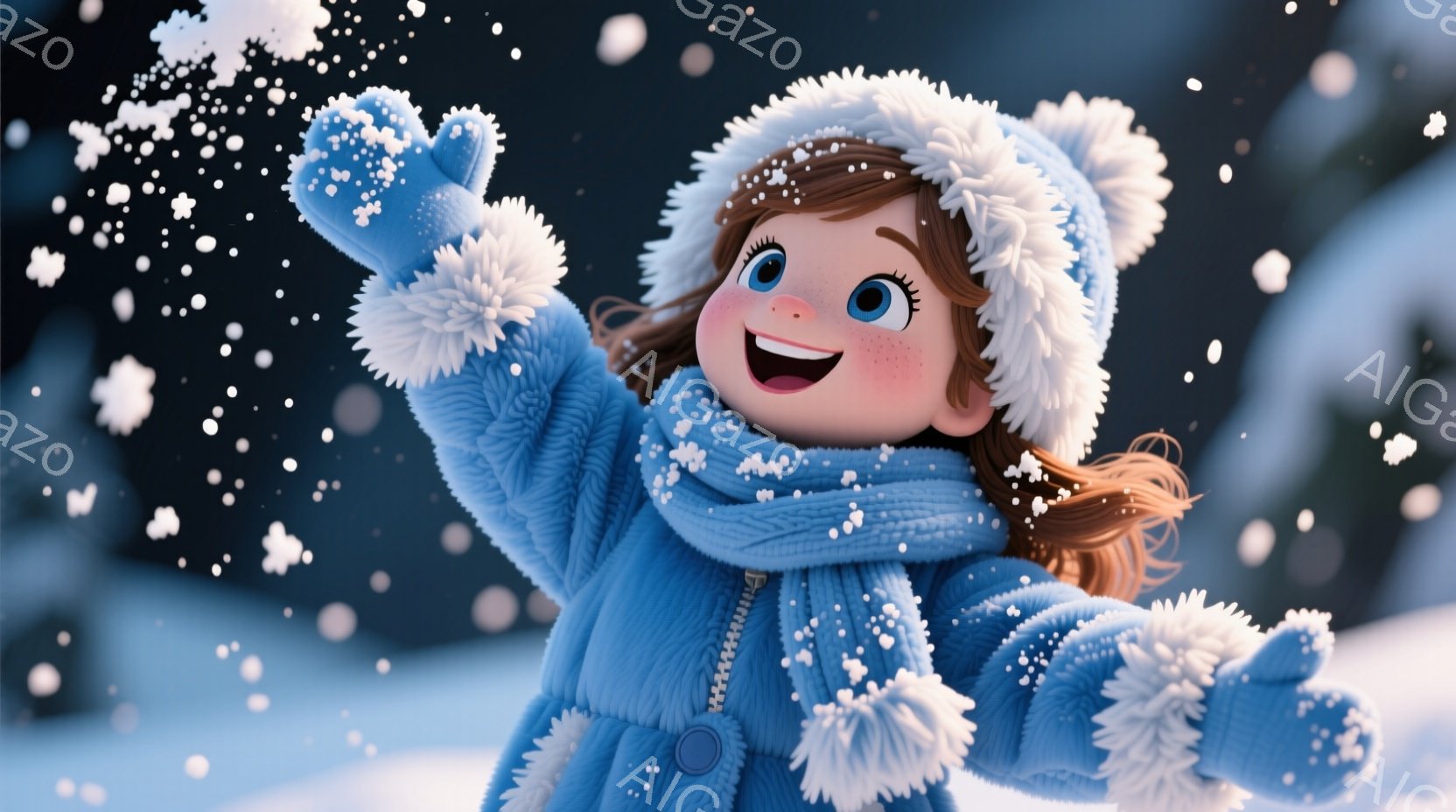 明るい青色の厚手のコートと帽子を身につけた少女が、雪の中で両手を広げて喜んでいます。彼女は茶色のカールした髪をしており、頬は赤く染まり、明るい笑顔を見せています。背景には雪景色が広がり、ぼんやりとした木々が見え、全体的に暖かく、楽しげな冬の雰囲気が漂っています。