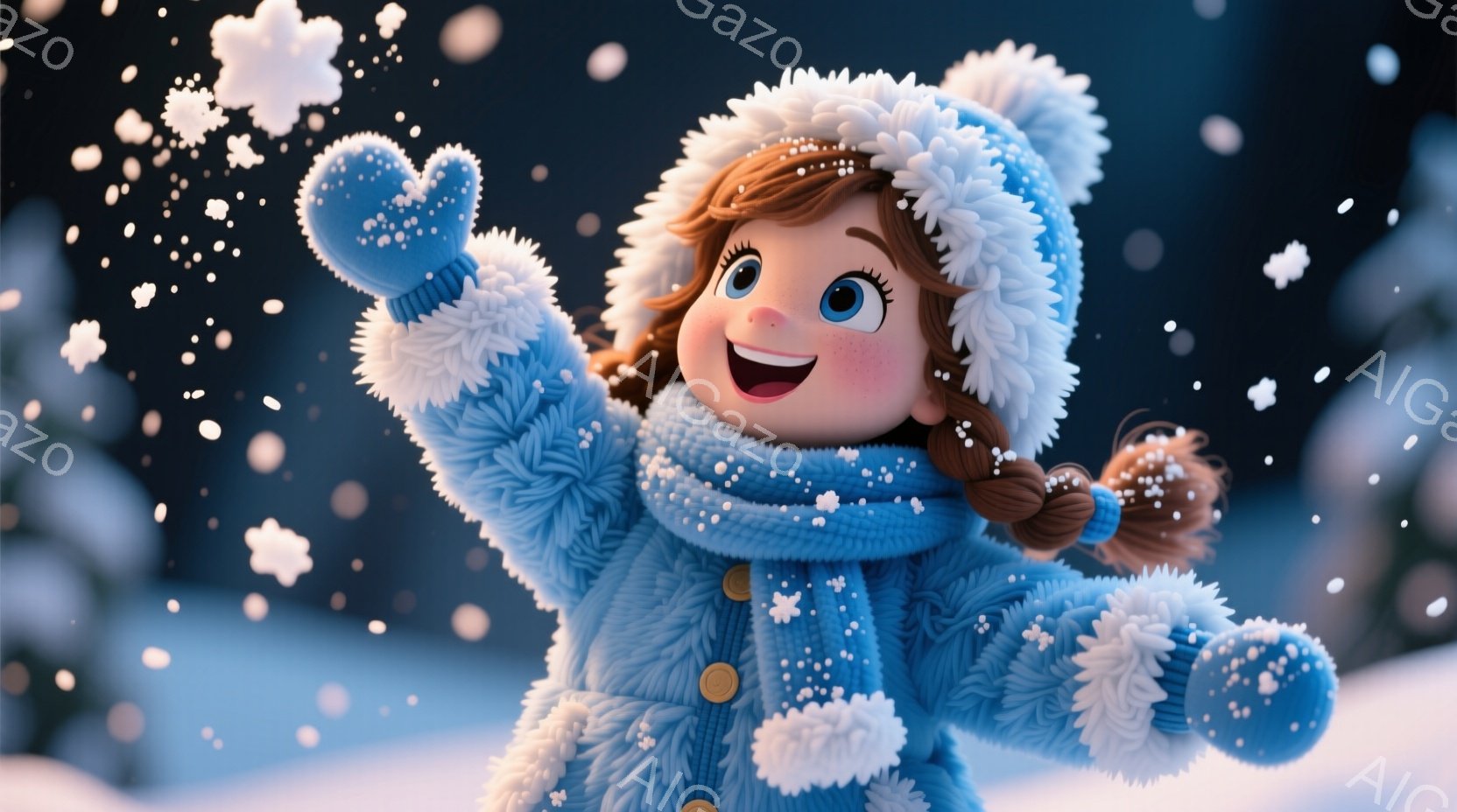 明るい笑顔の幼い女の子が、雪の中で両手を高く上げて喜んでいます。彼女は青いニットのコート、マフラー、帽子、そして手袋を身に着けており、茶色の髪はポニーテールに結ばれています。背景は雪景色で、雪片が舞い、全体的に暖かく幸せな雰囲気が漂っています。