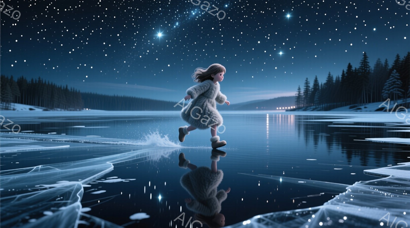 少女は凍った湖の上を走り、水しぶきを上げている。彼女は白い毛皮のコートを着ており、長い髪が風になびいている。背景には暗い森と、星空が広がり、幻想的で静謐な雰囲気を醸し出している。