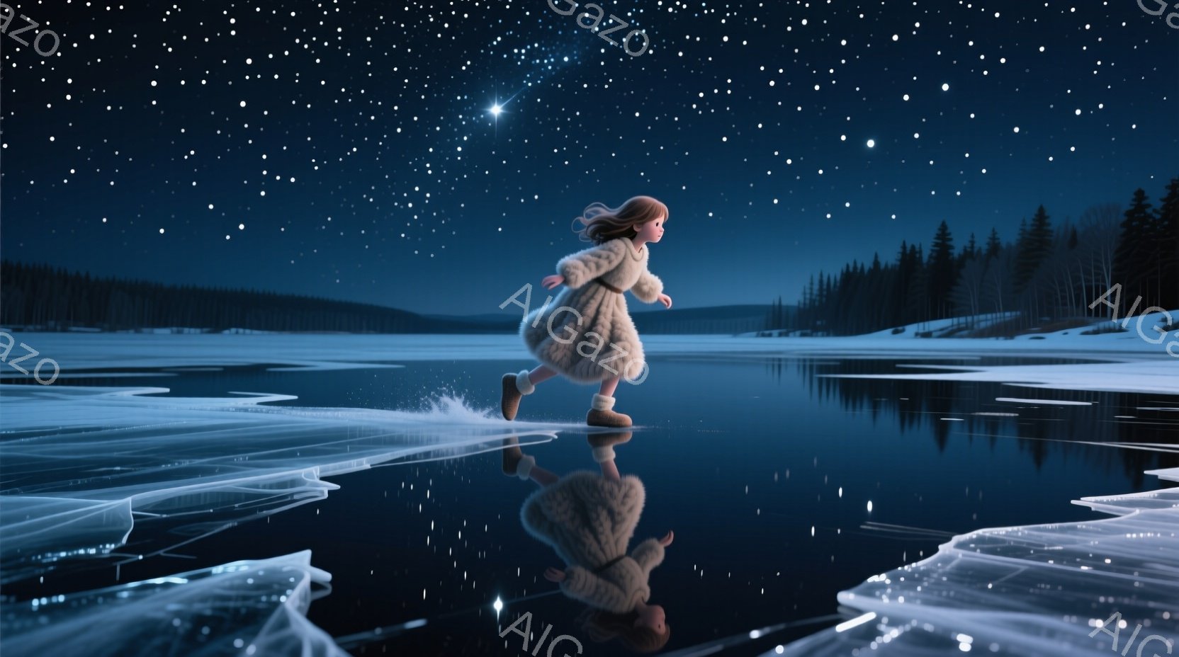 少女は凍った湖の上を駆け抜けている。彼女はふんわりとしたクリーム色のコートを着ており、長い茶色の髪が風になびいている。背景には暗い森が広がり、夜空には無数の星が輝き、幻想的な雰囲気を醸し出している。