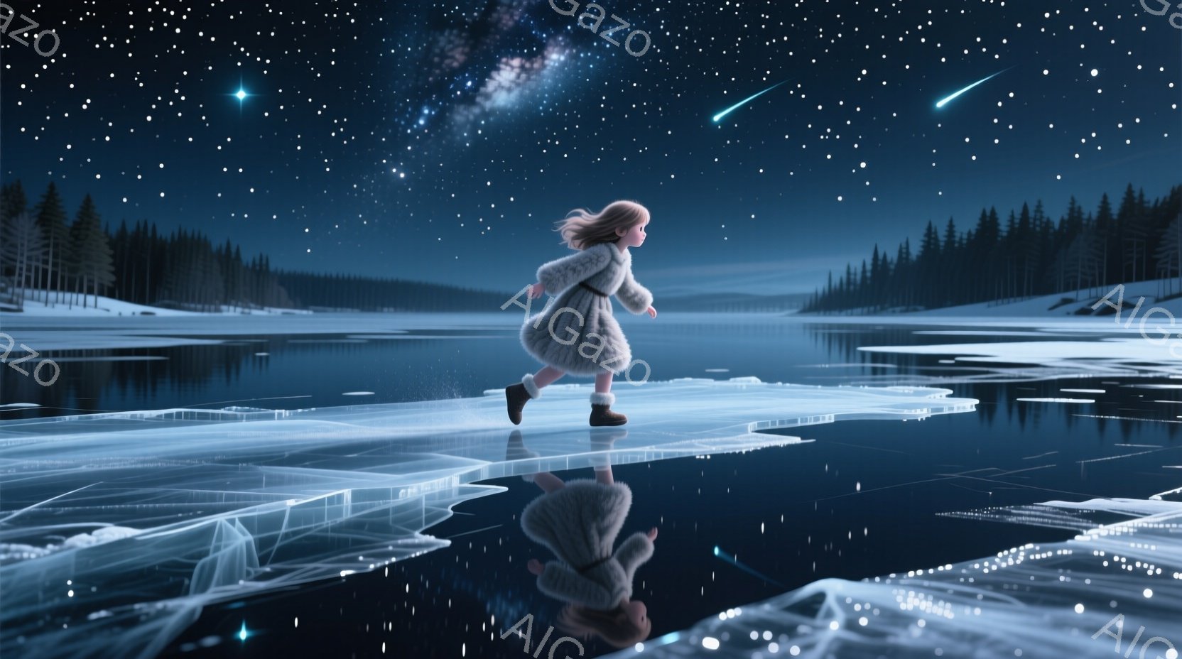 少女は凍った湖の上を走っており、毛皮の襟と袖を持つ灰色のコートを着ています。彼女は金髪で、後ろで緩く結ばれています。背景には暗い針葉樹林が広がり、夜空には流れ星が輝き、幻想的で静謐な雰囲気を醸し出しています。