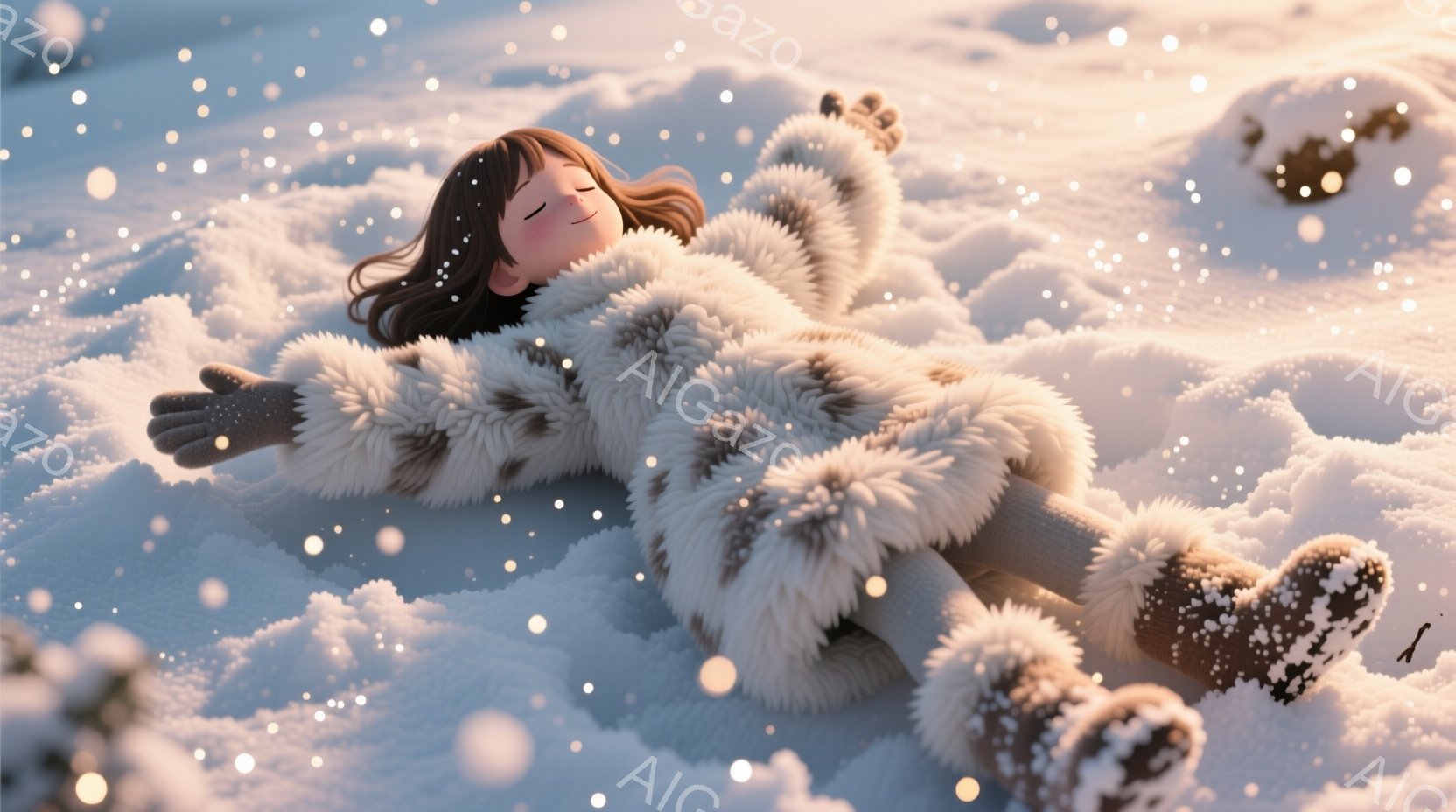 ふわふわとした毛皮のコートとブーツを身につけた少女が雪の中に仰向けに横たわっています。目は閉じ、穏やかな微笑みを浮かべており、リラックスした様子が伝わってきます。背景は雪景色で、ふんわりとした雪が舞い降りており、全体的に暖かく、穏やかな雰囲気が漂っています。