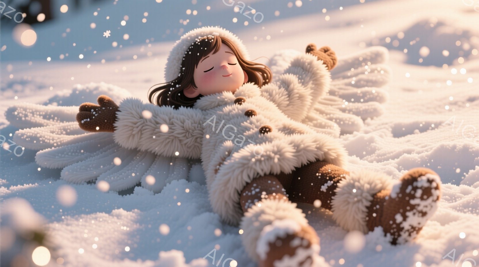 雪の上に仰向けに寝そべっている少女が描かれています。彼女はクリーム色の厚手のコートとブーツを身に着け、茶色の髪を後ろでまとめています。穏やかな表情で目を閉じ、雪が降り積もる冬の静かな風景の中でリラックスした雰囲気を醸し出しています。