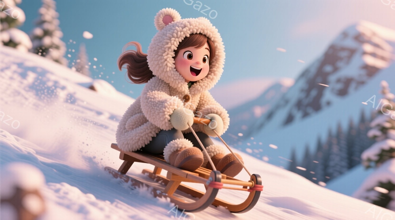雪の上をそりに乗って滑る少女が描かれています。彼女はふわふわの白いパーカー、濃い色のズボン、そして茶色のブーツを履いており、明るい笑顔を見せています。背景には雪に覆われた山々と、薄い青色の空が広がって - AI生成フリー素材